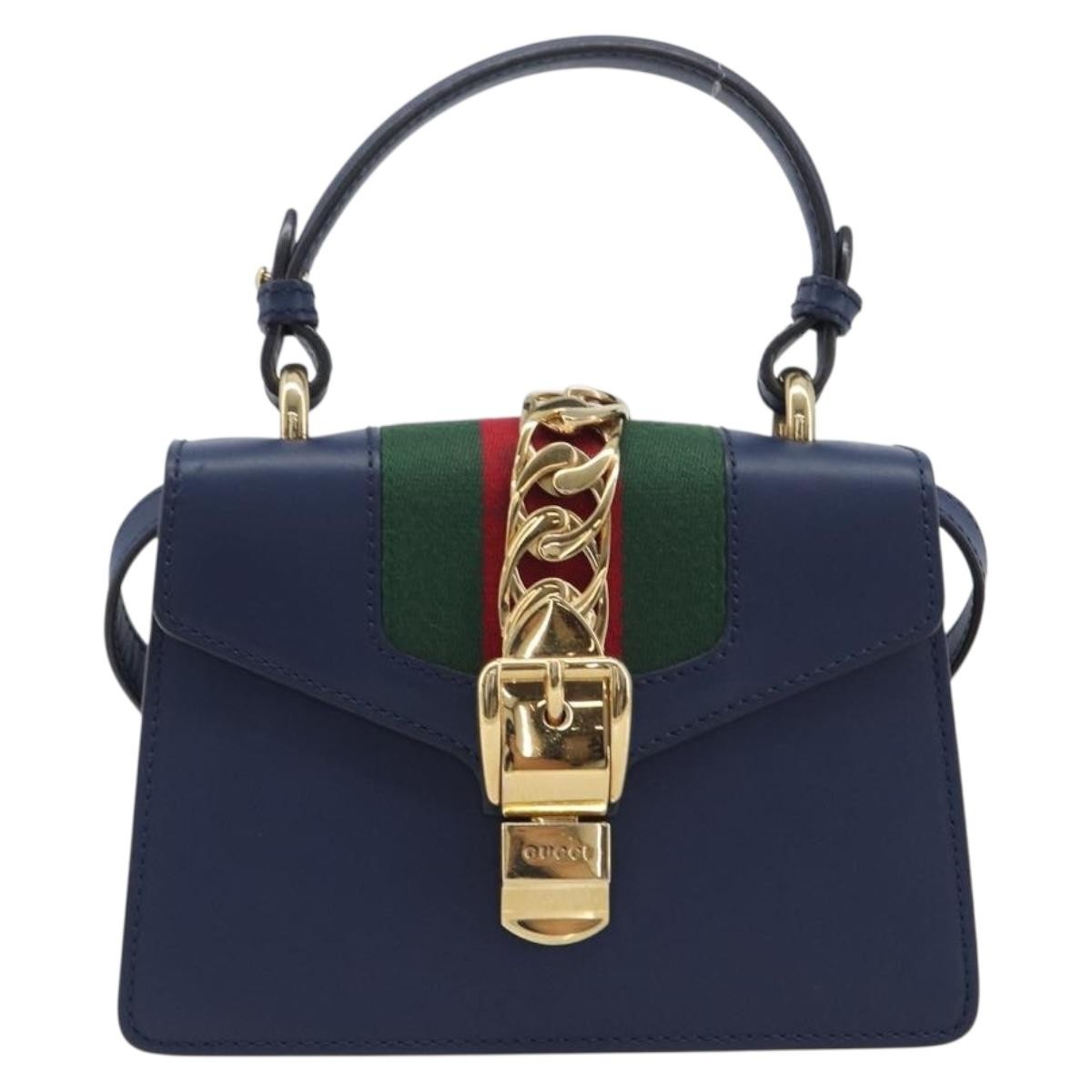Gucci Sylvie Top Handle Leather Navy Leather Handbag (Pre-Owned)