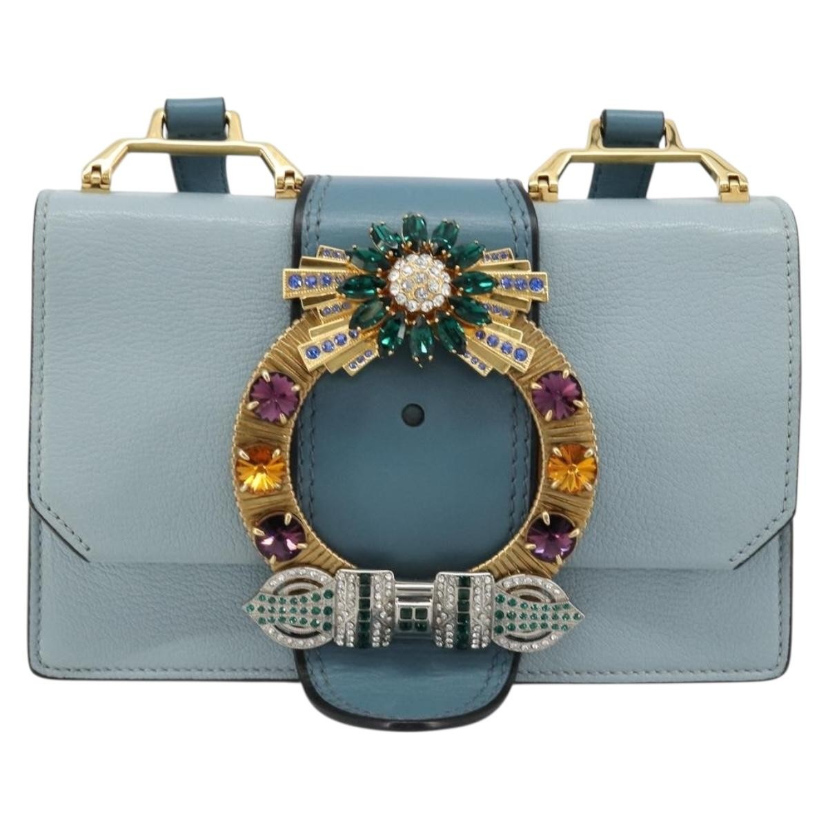 Miu Miu Madras Crystal Buckle Leather Blue Leather Shoulder Bag Bag (Pre-Owned)