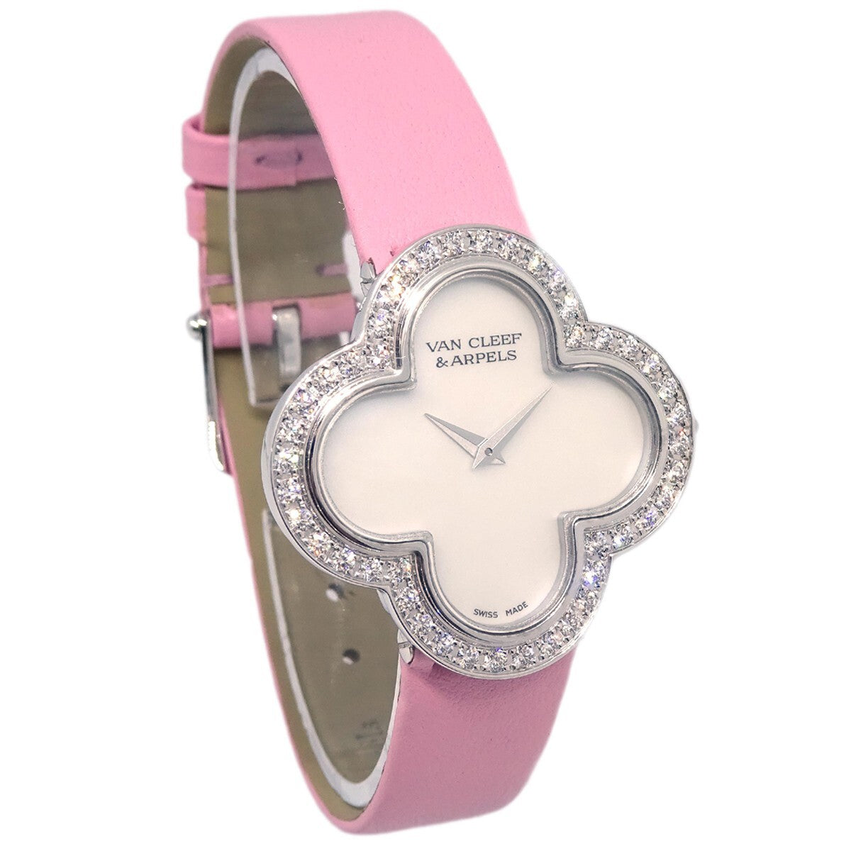 Van Cleef & Arpels Alhambra Quartz White Gold And Satin With Diamond Bezel And Mother Of Pearl Watch (Pre-Owned)