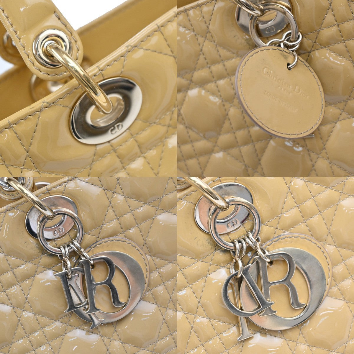 Christian Dior Lady Dior Cannage Quilt Patent Yellow Patent_Leather Handbag (Pre-Owned)