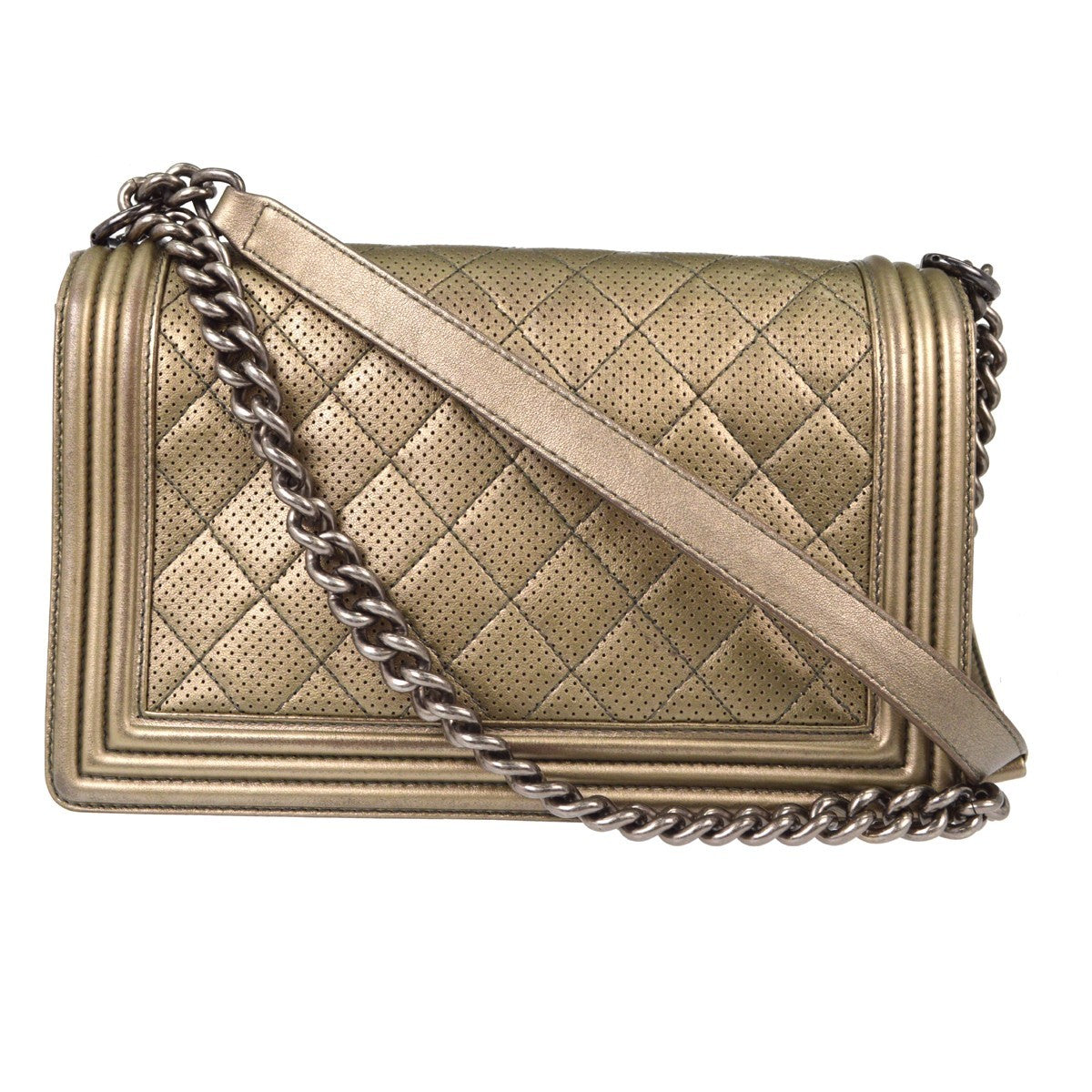 Chanel Boy Flap Quilted Perforated Lambskin Gold Leather Handbag (Pre-Owned)