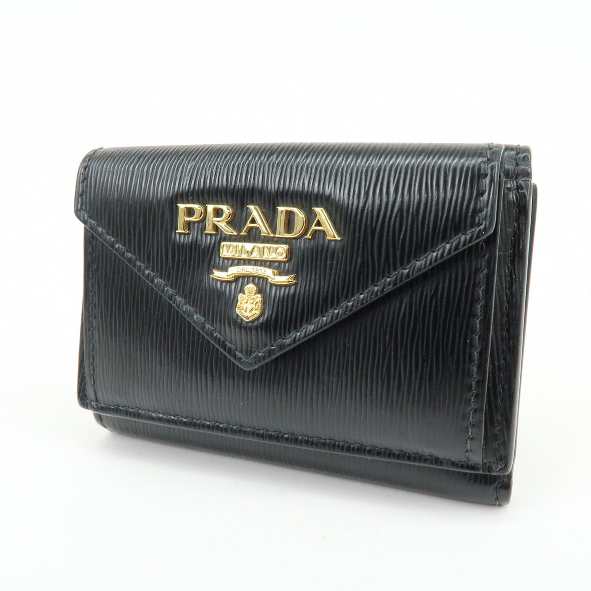 Prada Envelope Trifold Saffiano Leather Black Leather Wallets Accessory (Pre-Owned)
