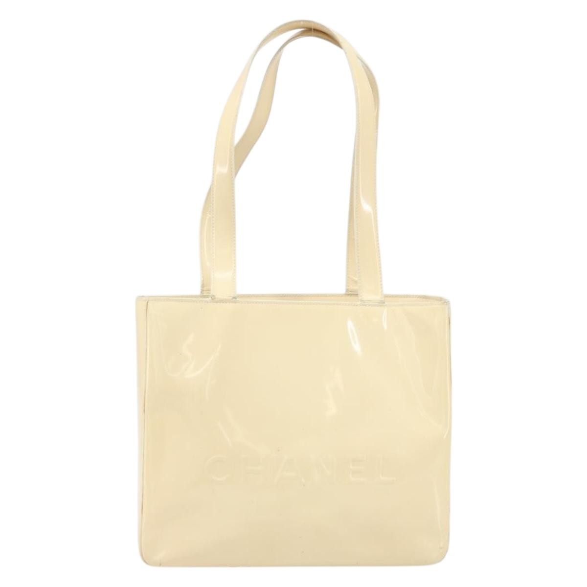 Chanel Vintage Embossed Logo Shoulder Patent Beige Patent_Leather Tote Bag Bag (Pre-Owned)