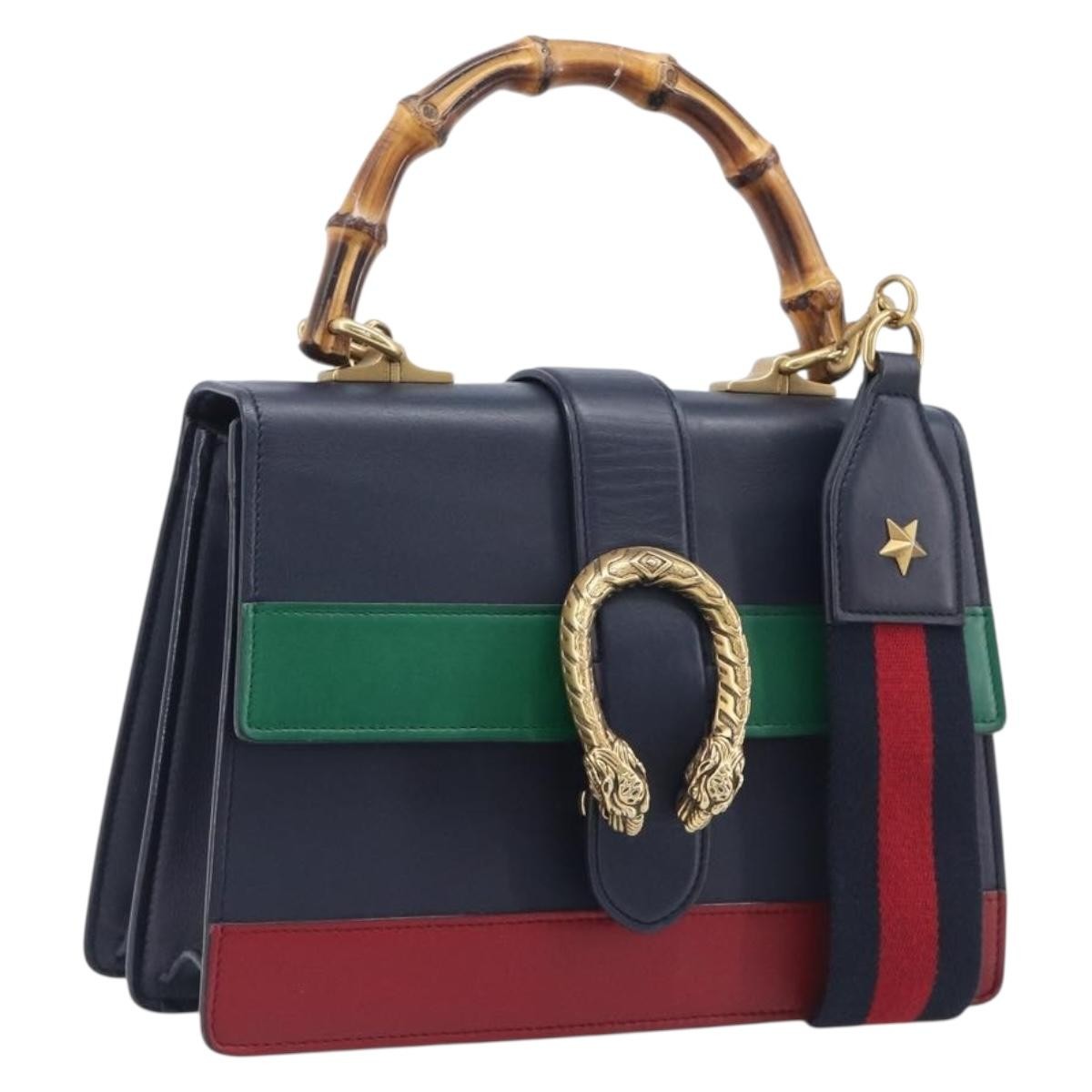 Gucci Dionysus Bamboo Top Handle Leather Navy Leather Handbag (Pre-Owned)