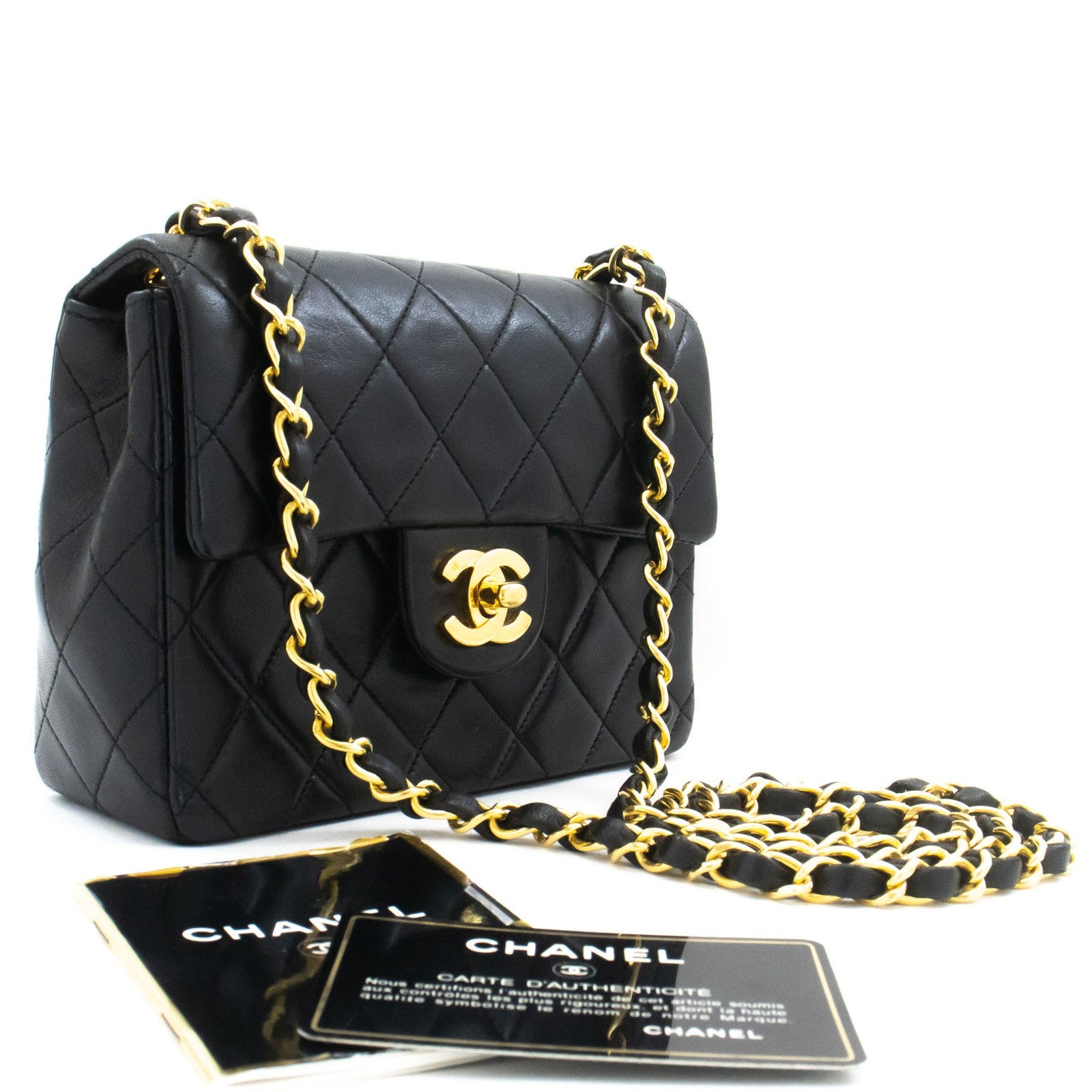 Chanel Vintage Square Classic Flap Quilted Lambskin Black Leather Shoulder Bag Bag (Pre-Owned)