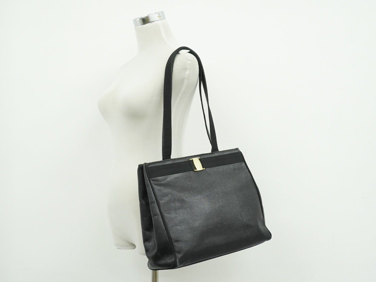 Salvatore Ferragamo Vintage Vara Bow Lizard Embossed Leather Black Leather Tote Bag Bag (Pre-Owned)