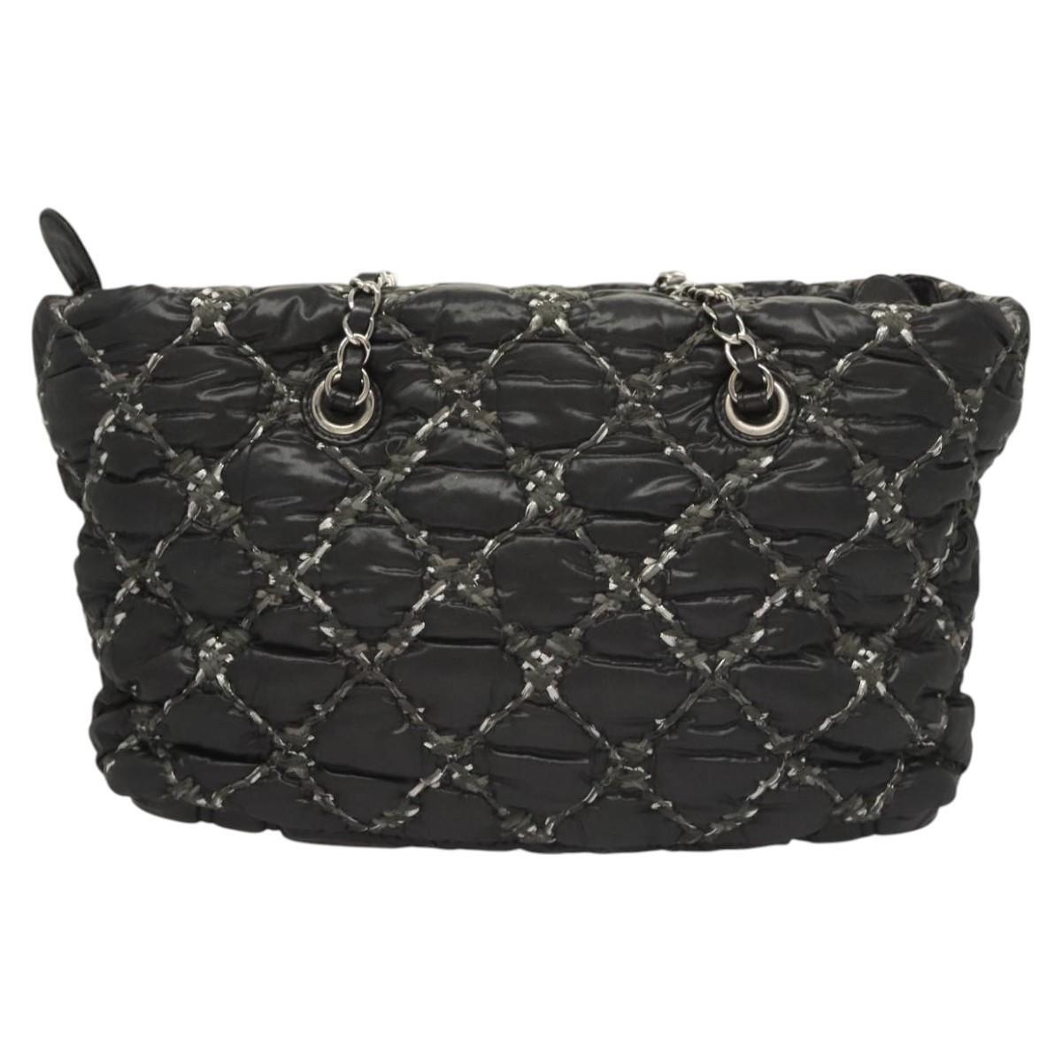 Chanel Tweed On Stitch Zip Tote Quilted Nylon Black Nylon Shoulder Bag Bag (Pre-Owned)