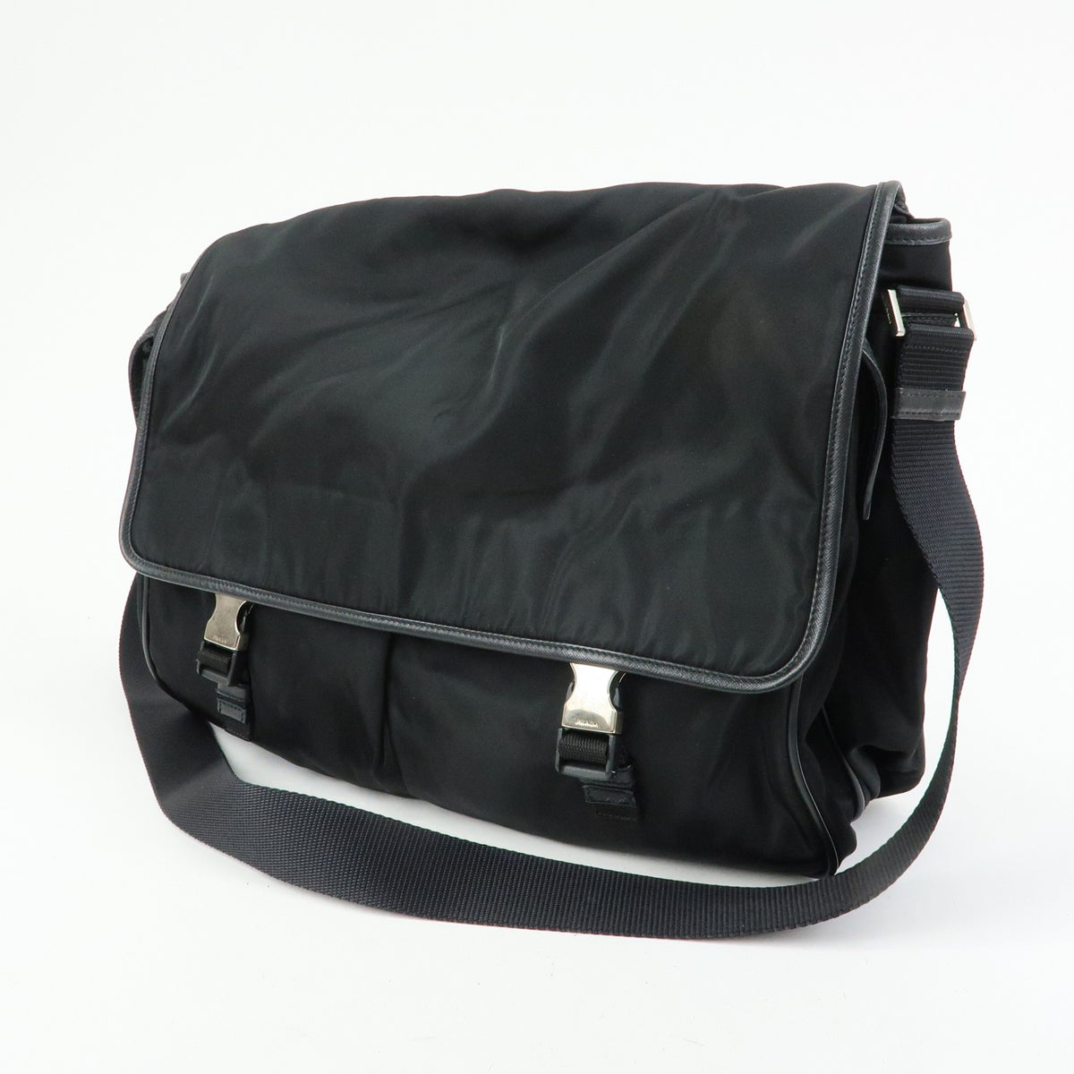 Prada Buckle Messenger Tessuto Black Nylon Handbag (Pre-Owned)