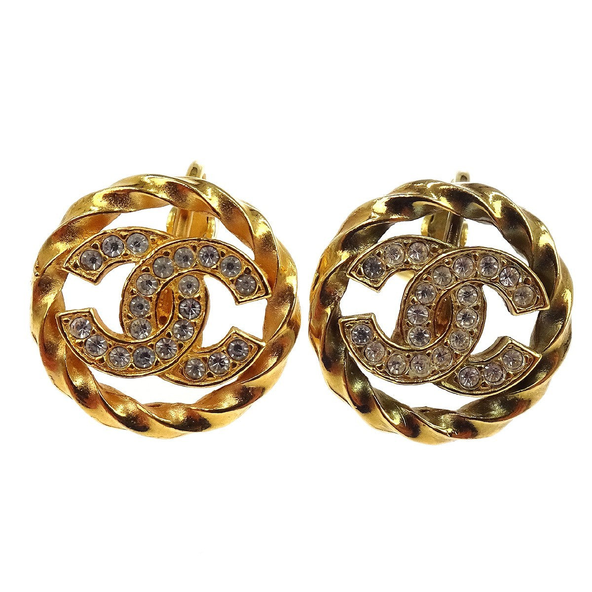 Chanel Vintage Cc Round Cutout Clip-On Metal And Rhinestone Gold Gold_Plated Earrings Jewelry (Pre-Owned)