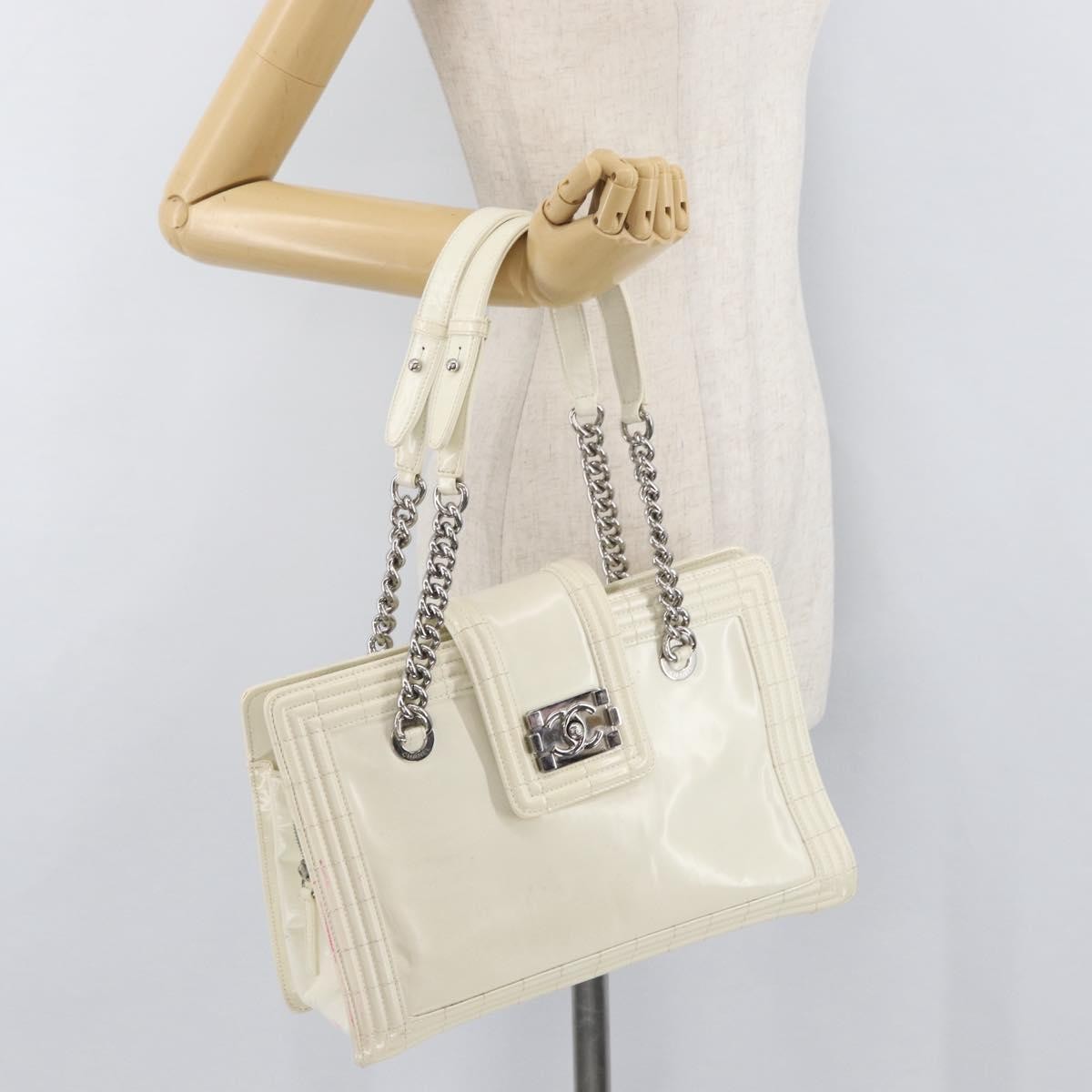 Chanel Boy Tote Glazed Calfskin White Patent_Leather Shoulder Bag Bag (Pre-Owned)