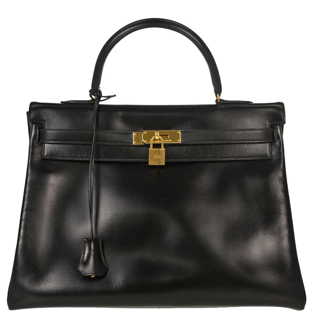 Hermes Kelly Black Box Calf With Gold Hardware Black Calfskin Handbag (Pre-Owned)