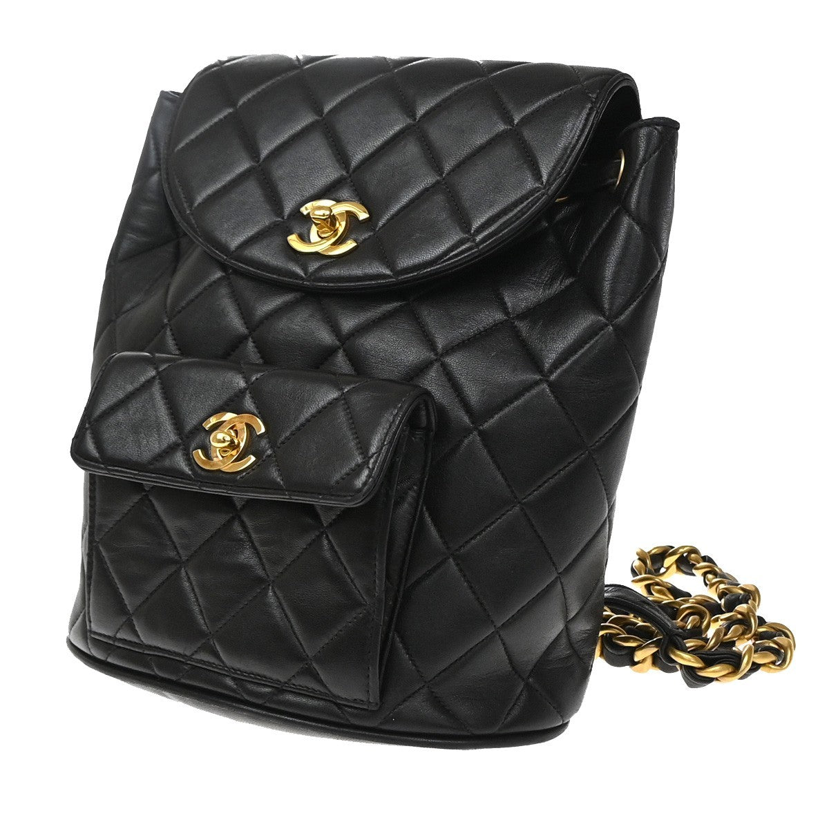 Chanel Vintage Cc Pocket Quilted Lambskin Black Leather Backpack Bag (Pre-Owned)