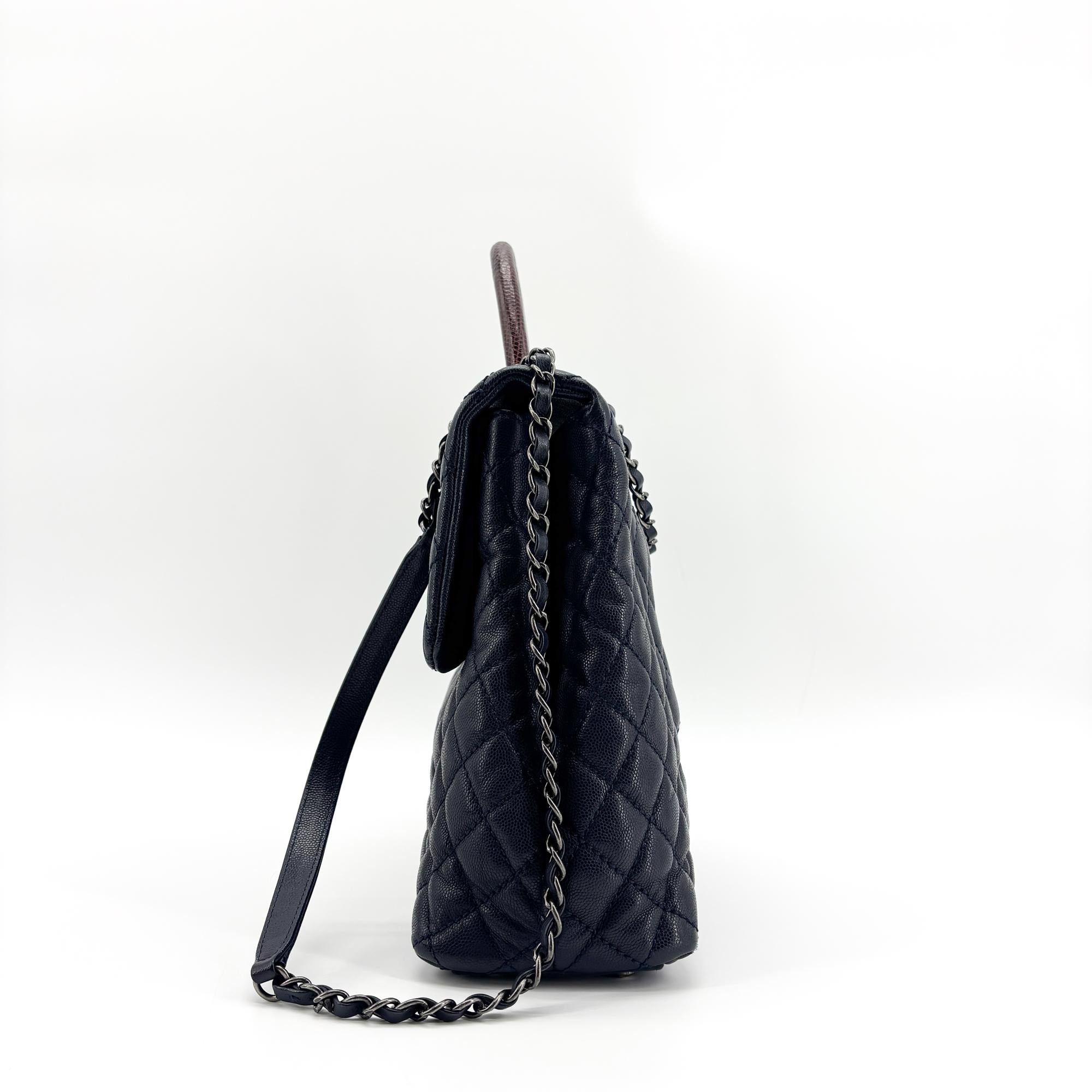 Chanel Coco Top Handle Quilted Caviar With Lizard Navy Leather Handbag (Pre-Owned)