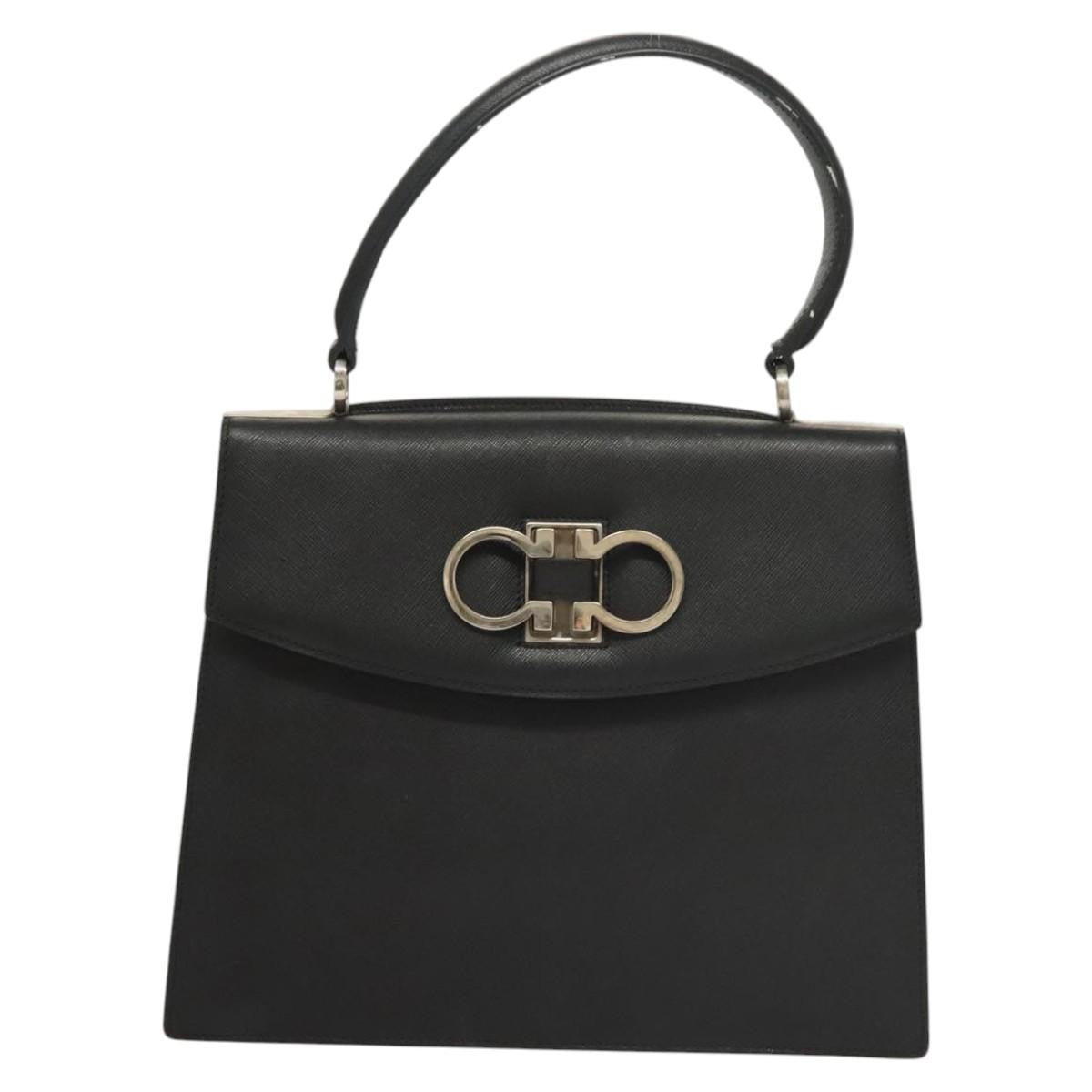Salvatore Ferragamo Double Gancini Top Handle Saffiano Leather Black Leather Handbag (Pre-Owned)