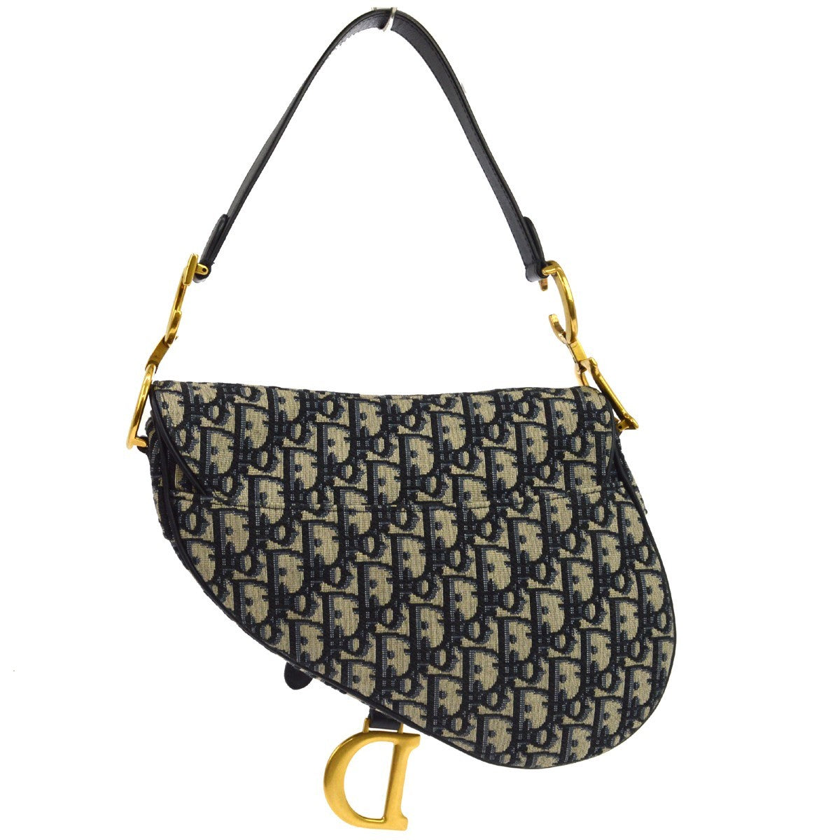 Christian Dior Saddle Handbag With Strap Oblique Canvas Navy Canvas Handbag (Pre-Owned)