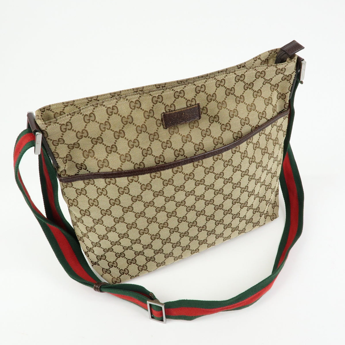 Gucci Web Strap Messenger Gg Canvas Beige Canvas Handbag (Pre-Owned)
