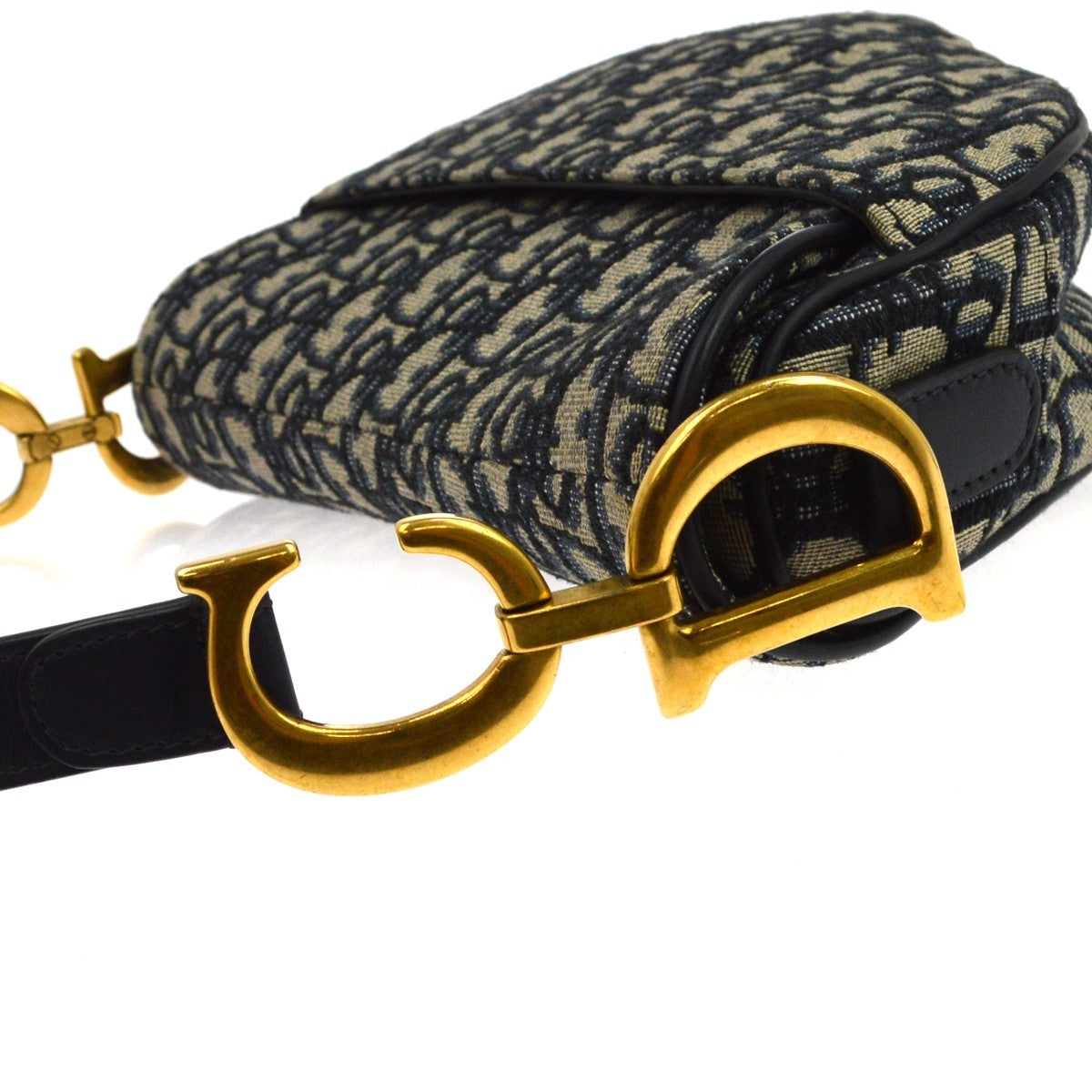 Christian Dior Saddle Handbag With Strap Oblique Canvas Navy Canvas Handbag (Pre-Owned)