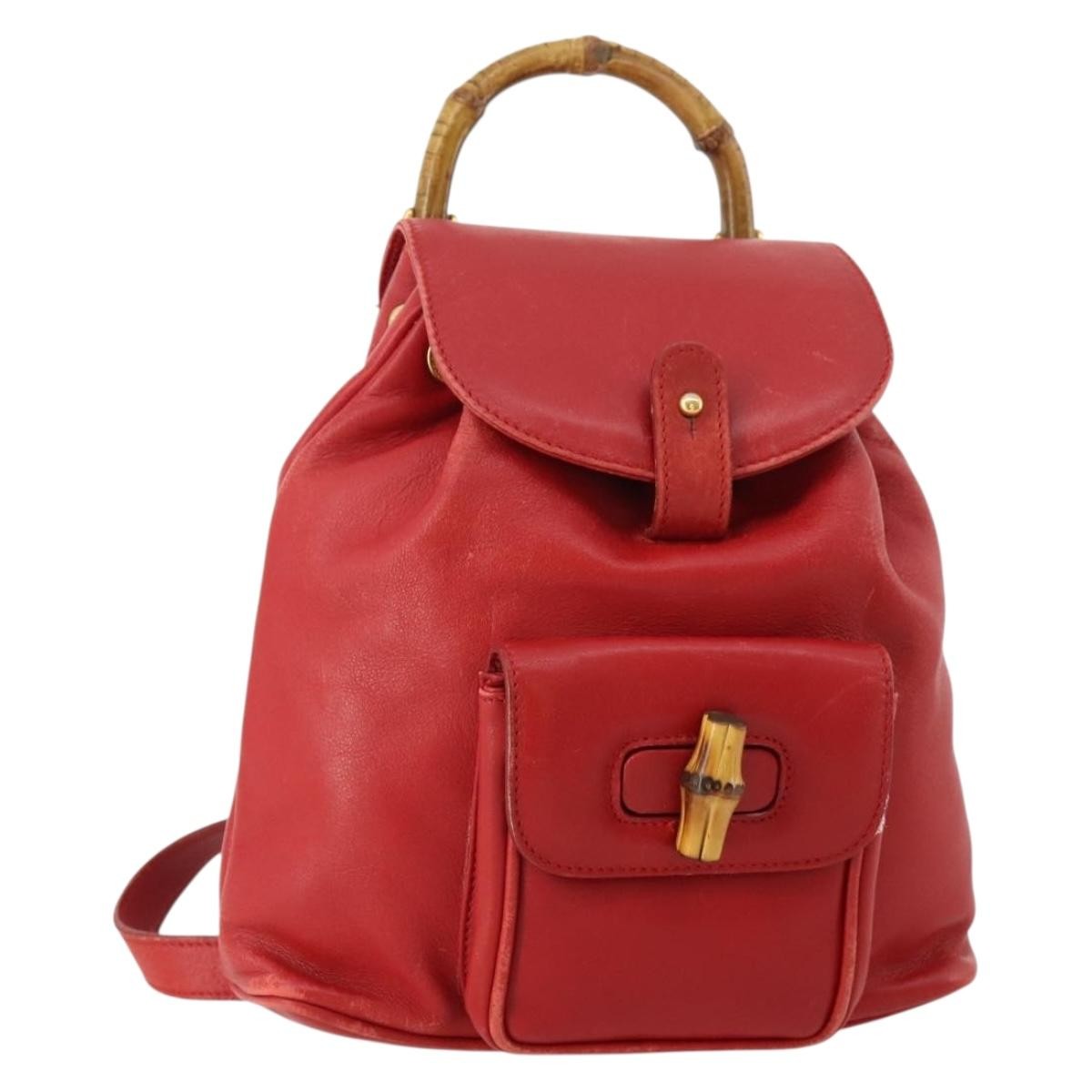 Gucci Vintage Bamboo Leather Red Leather Backpack Bag (Pre-Owned)