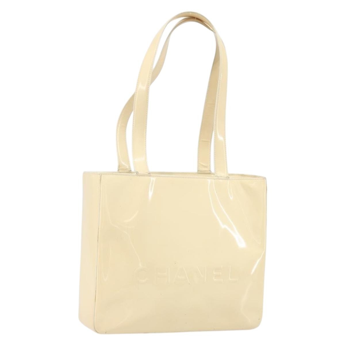 Chanel Vintage Embossed Logo Shoulder Patent Beige Patent_Leather Tote Bag Bag (Pre-Owned)