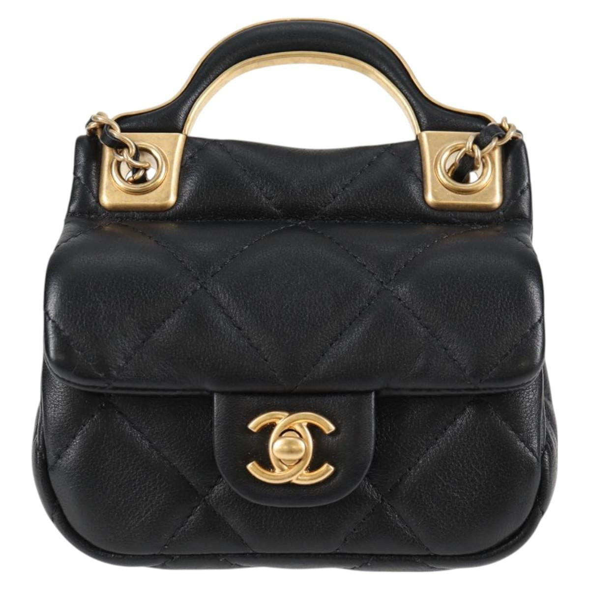 Chanel Lady Handle Flap Card Holder On Chain Quilted Calfskin Black Leather Bag (Pre-Owned)
