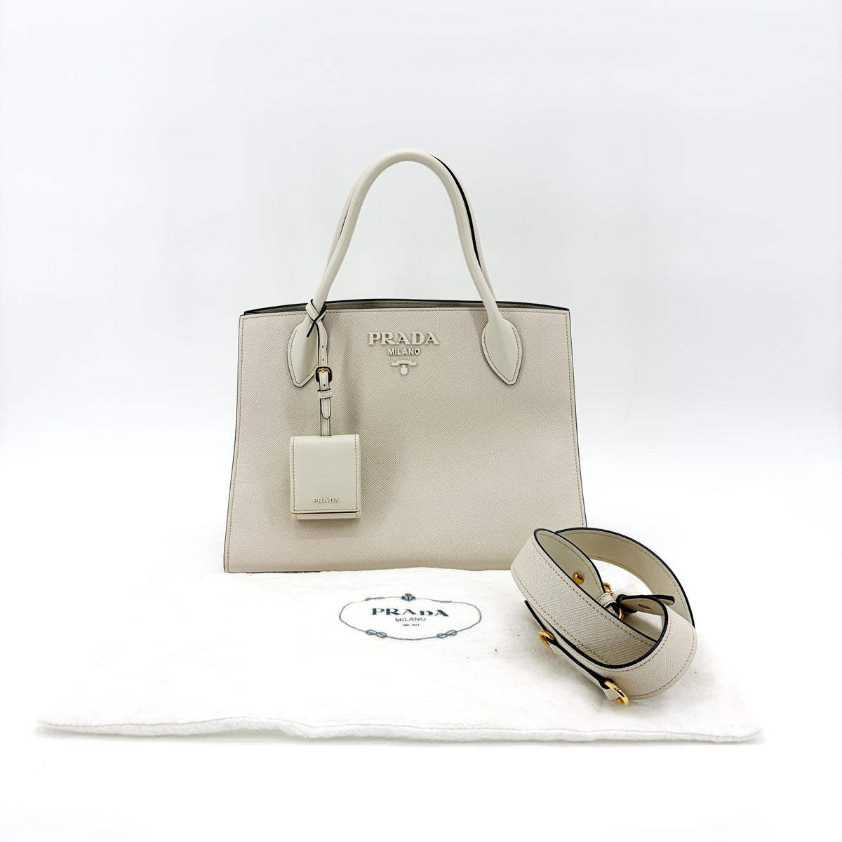 Prada Monochrome Saffiano With City Calf White Leather Tote Bag Bag (Pre-Owned)