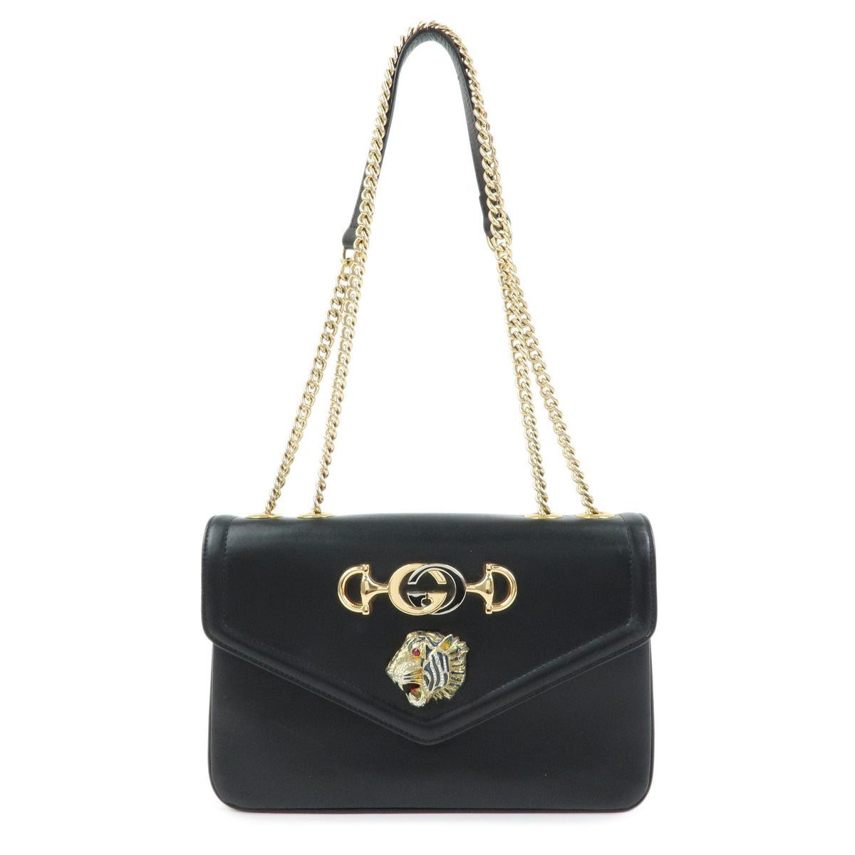 Gucci Rajah Chain Leather Black Leather Tote Bag Bag (Pre-Owned)