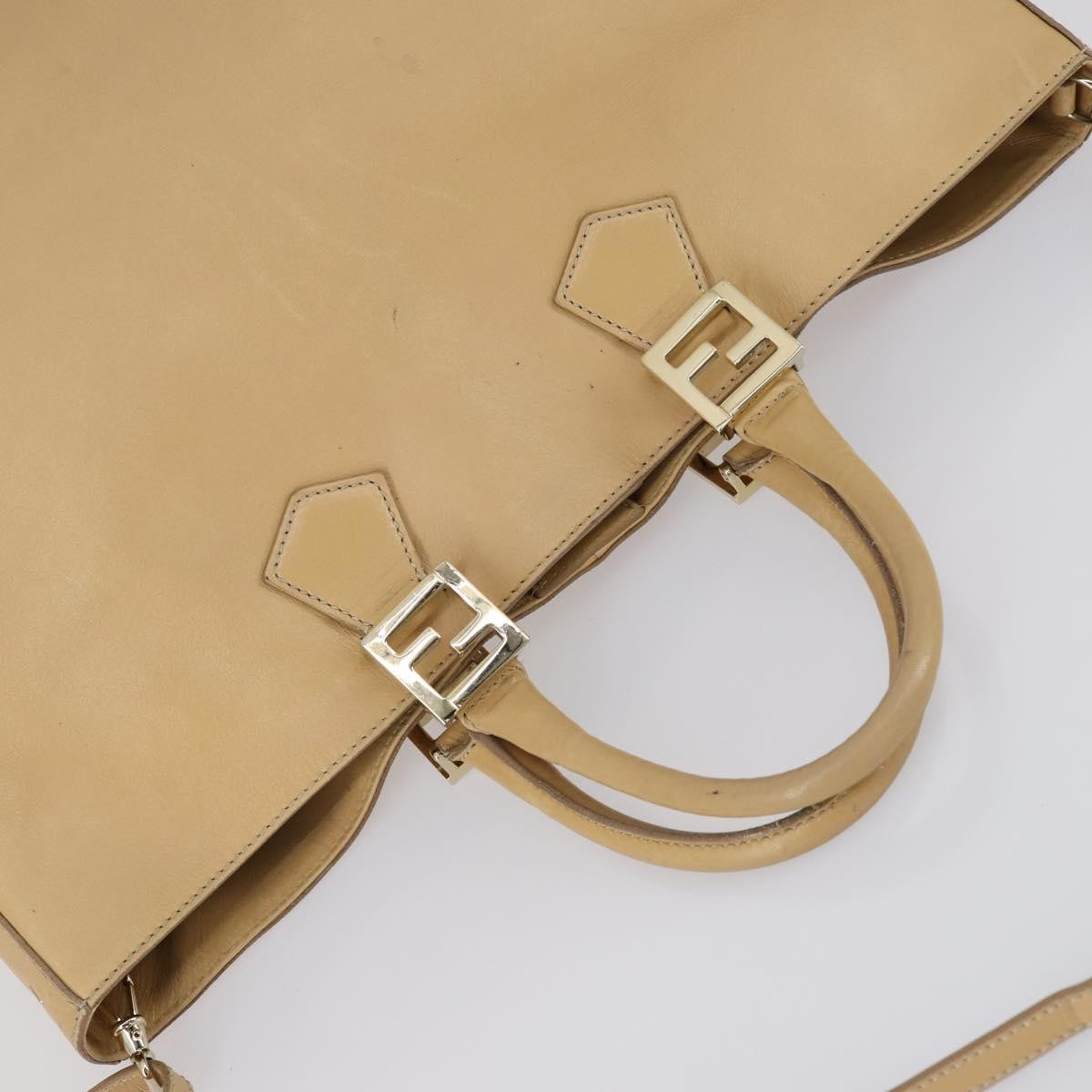 Fendi Twins Tote Leather Beige Leather Tote Bag Bag (Pre-Owned)