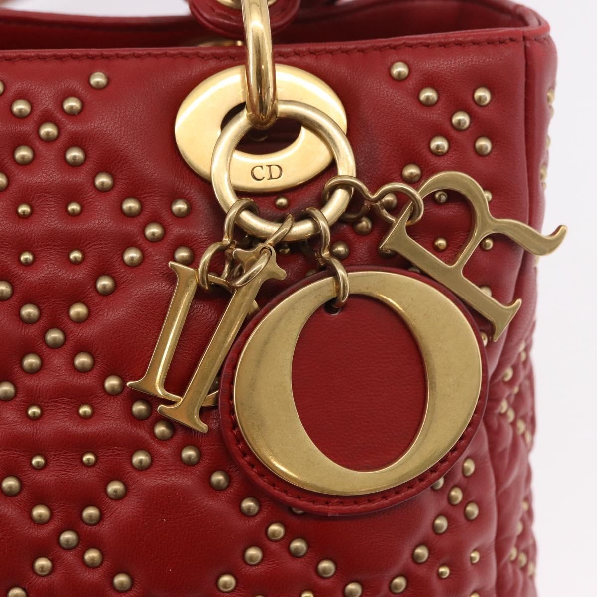Christian Dior Supple Lady Dior Cannage Studded Lambskin Red Leather Handbag (Pre-Owned)