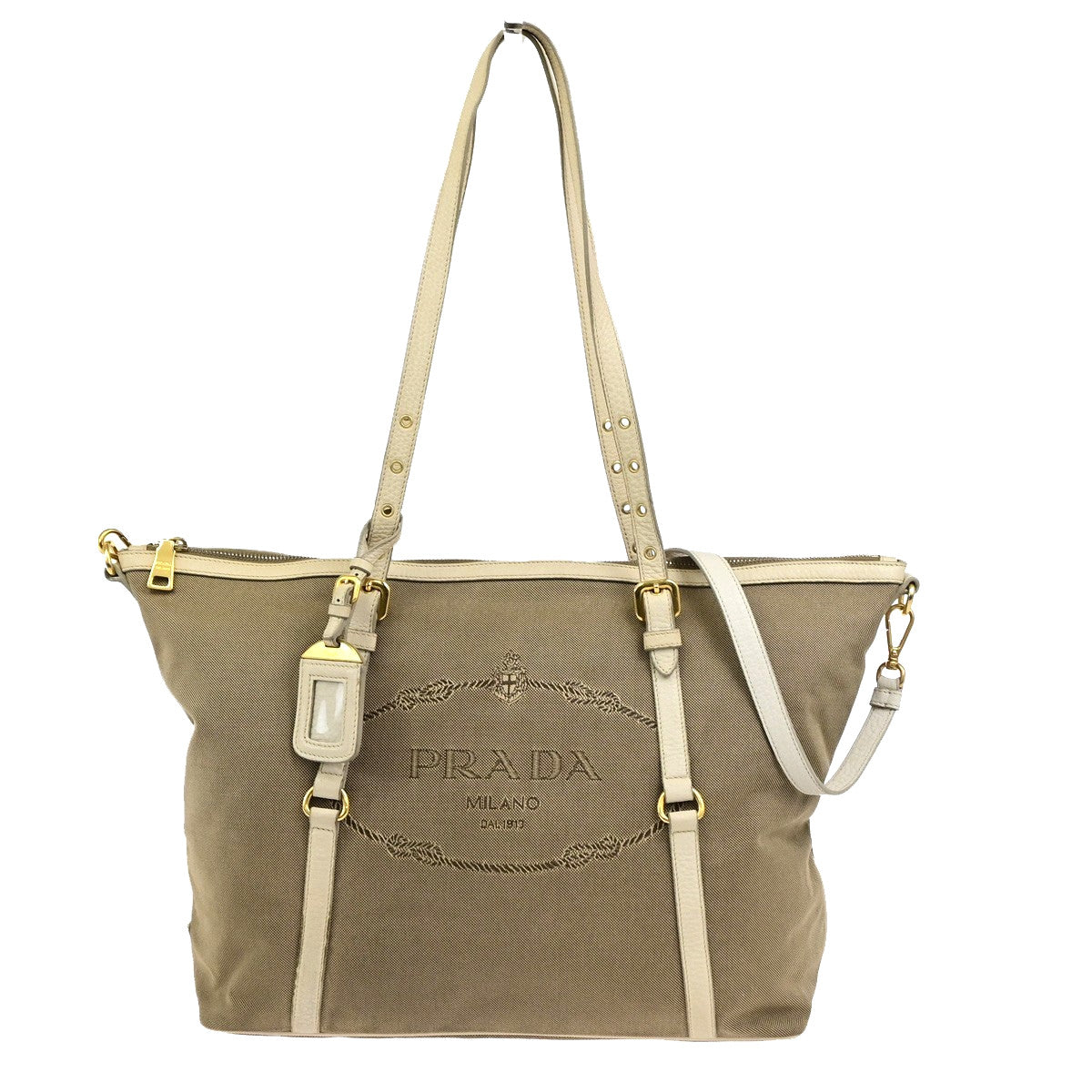 Prada Logo Convertible Shopper Canvas Brown Canvas Tote Bag Bag (Pre-Owned)