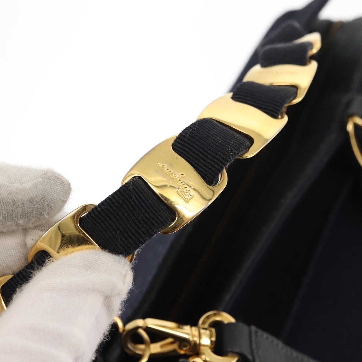Salvatore Ferragamo Vala Canvas Navy Canvas Handbag (Pre-Owned)