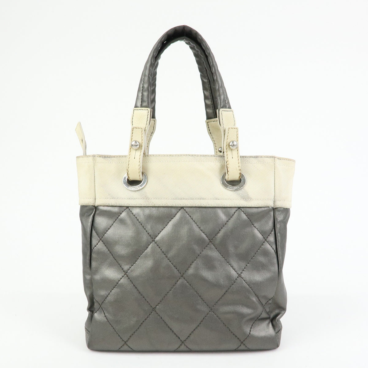 Chanel Biarritz Quilted Coated Canvas Gray Canvas Tote Bag Bag (Pre-Owned)