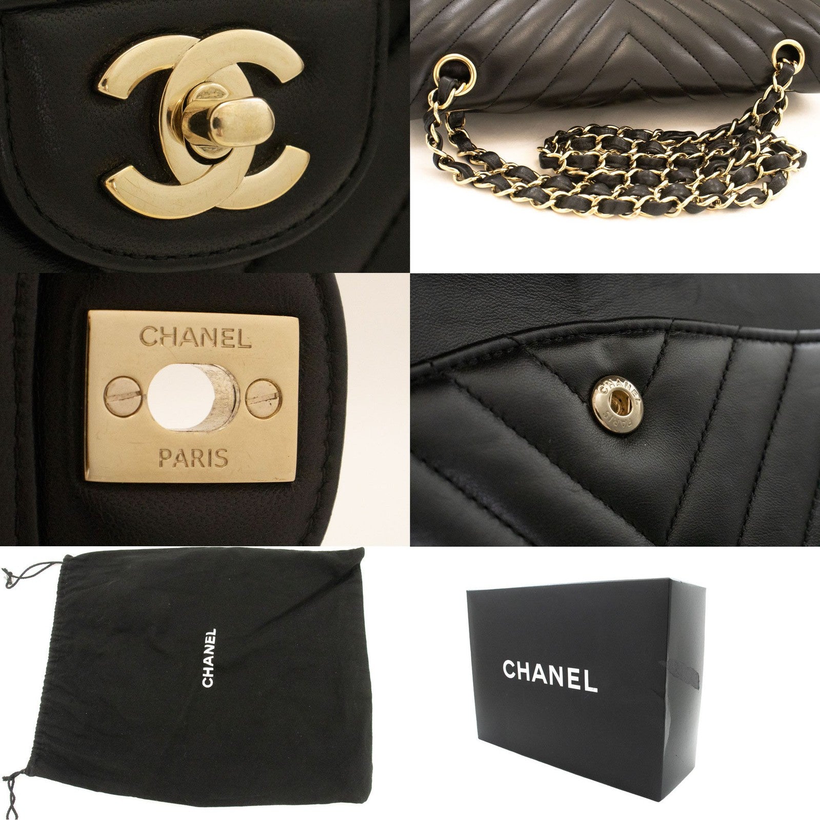 Chanel Timeless - Classic Double Flap Chevron Lambskin Black Leather Shoulder Bag Bag (Pre-Owned)