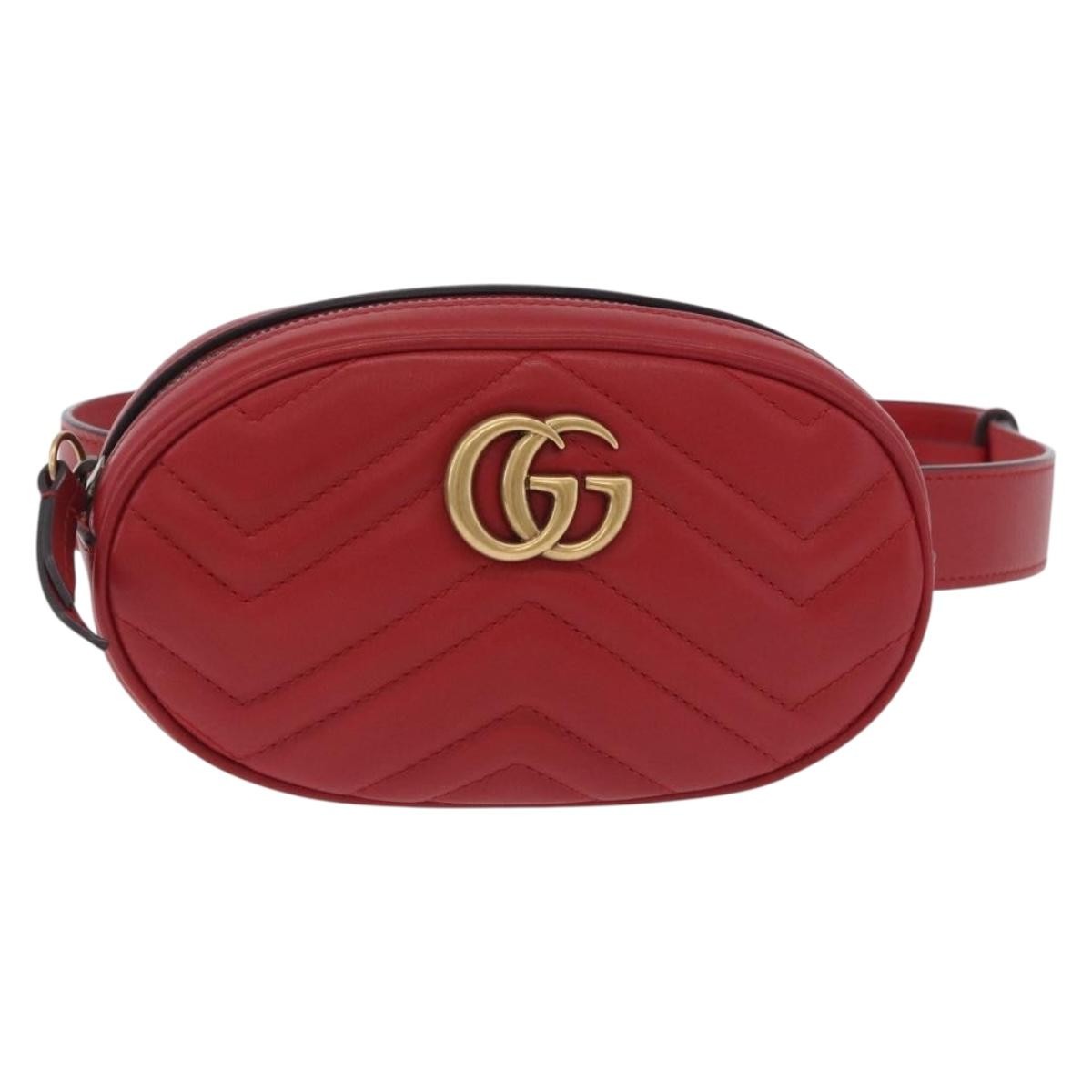 Gucci Gg Marmont Belt Matelasse Leather Red Leather Handbag (Pre-Owned)