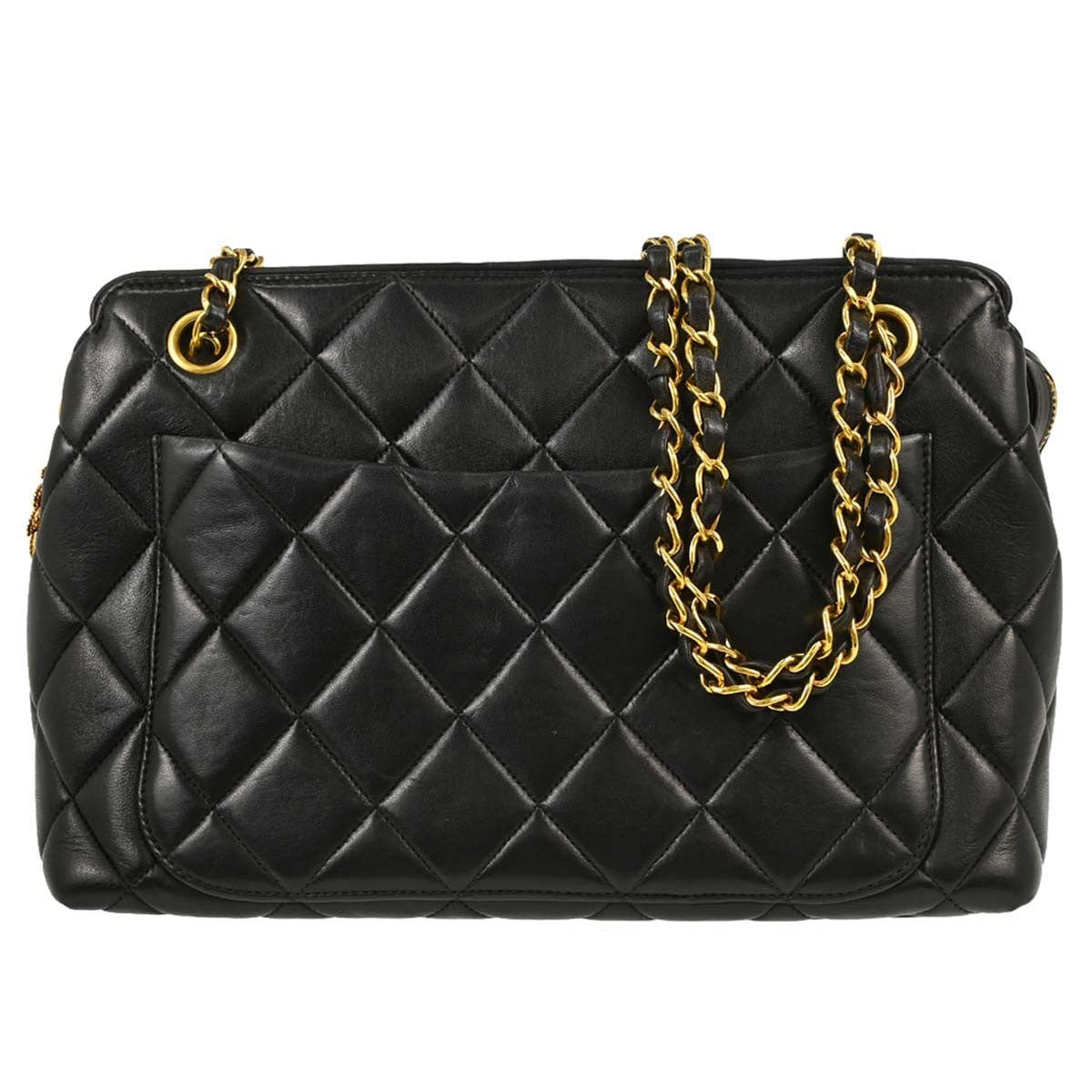 Chanel Vintage Chain Tote Quilted Lambskin Black Leather Tote Bag Bag (Pre-Owned)