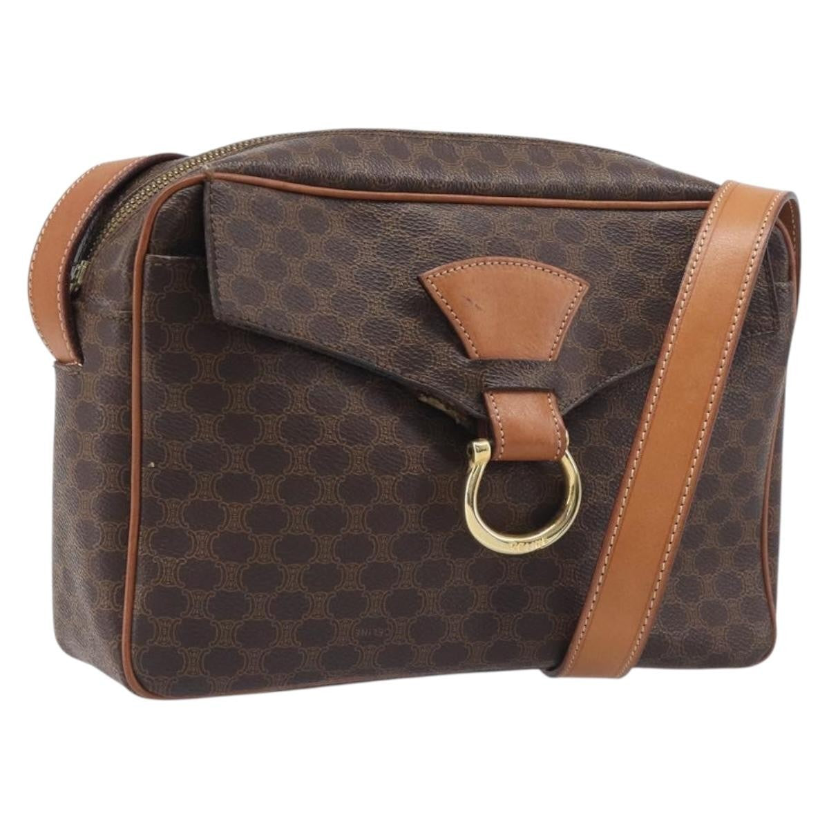 Celine Vintage Macadam Circle Logo Canvas And Leather Brown Pvc Shoulder Bag Bag (Pre-Owned)