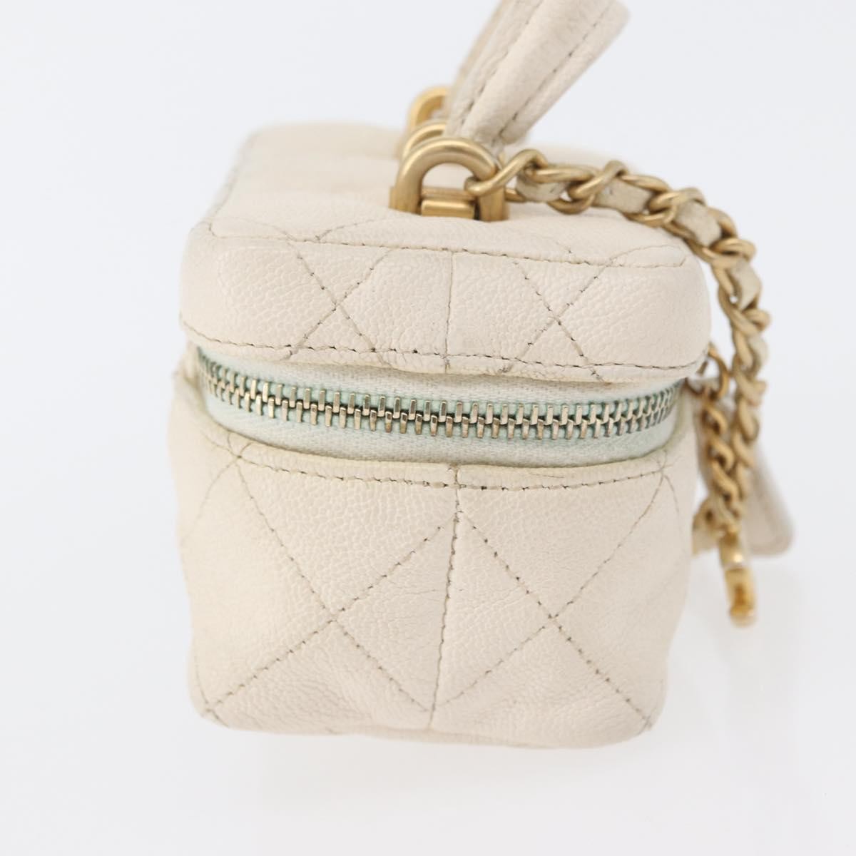 Chanel Top Handle Zip Around Vanity Case With Chain Quilted Caviar White Leather Handbag (Pre-Owned)
