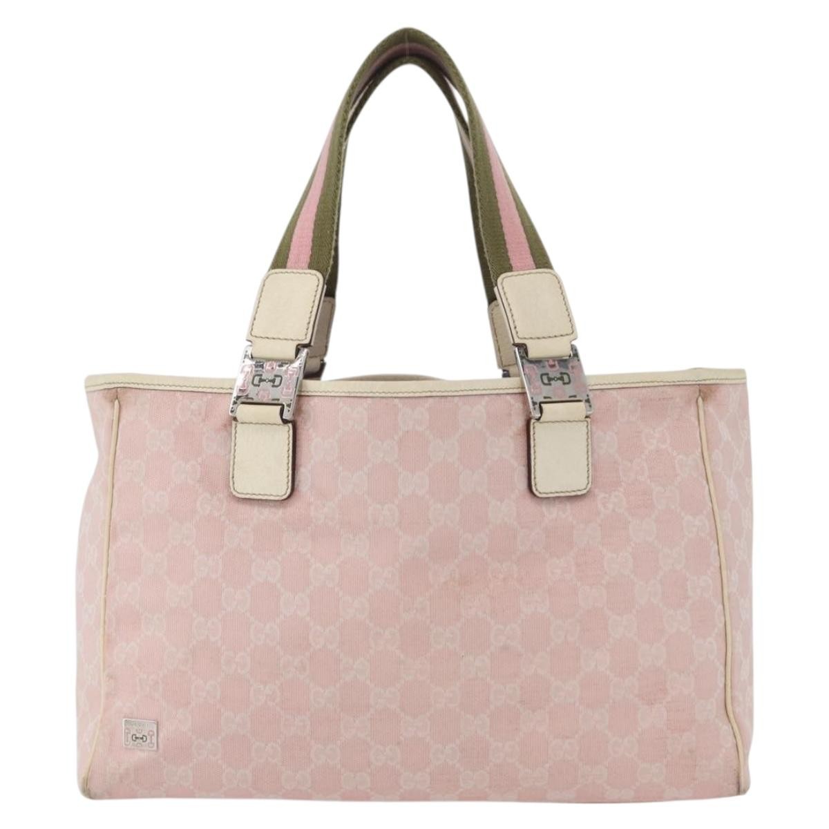 Gucci Web Handle Buckle Tote Gg Canvas And Leather Pink Canvas Tote Bag Bag (Pre-Owned)