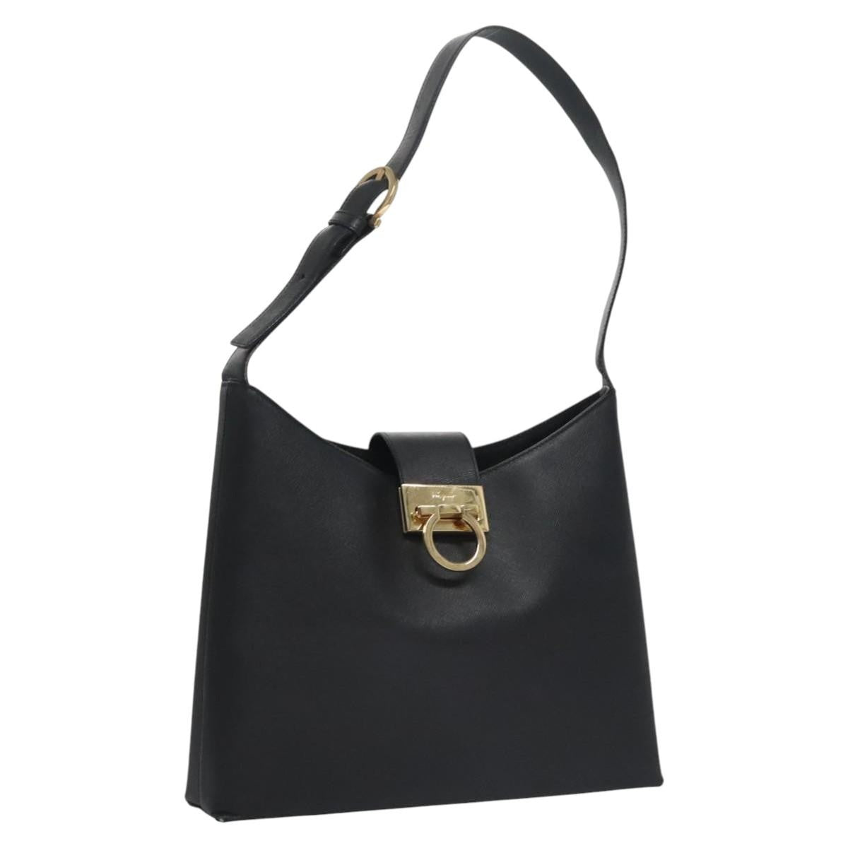 Salvatore Ferragamo Gancio Flap Hobo Leather Black Leather Shoulder Bag Bag (Pre-Owned)
