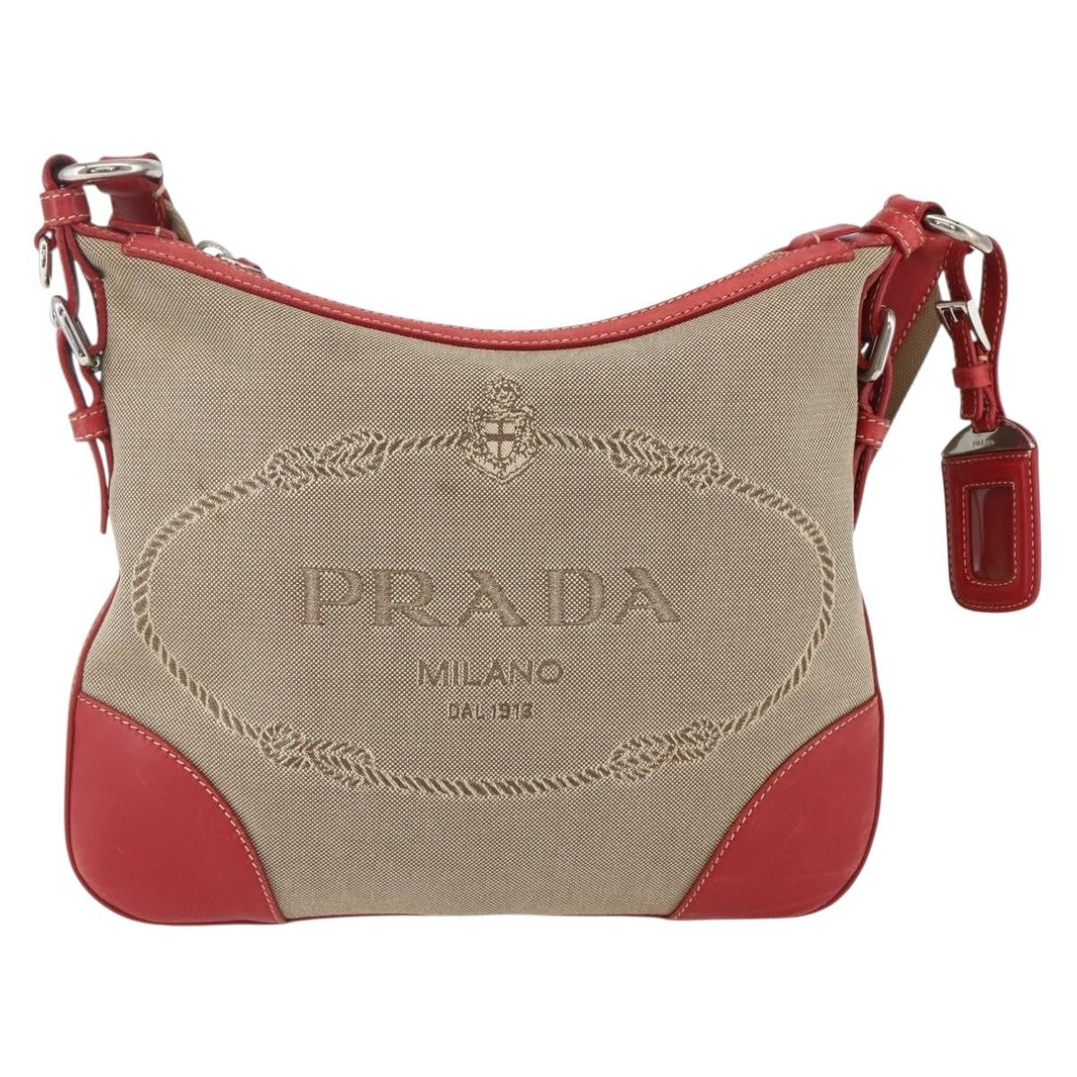 Prada Logo Zip Canvas Beige Canvas Shoulder Bag Bag (Pre-Owned)