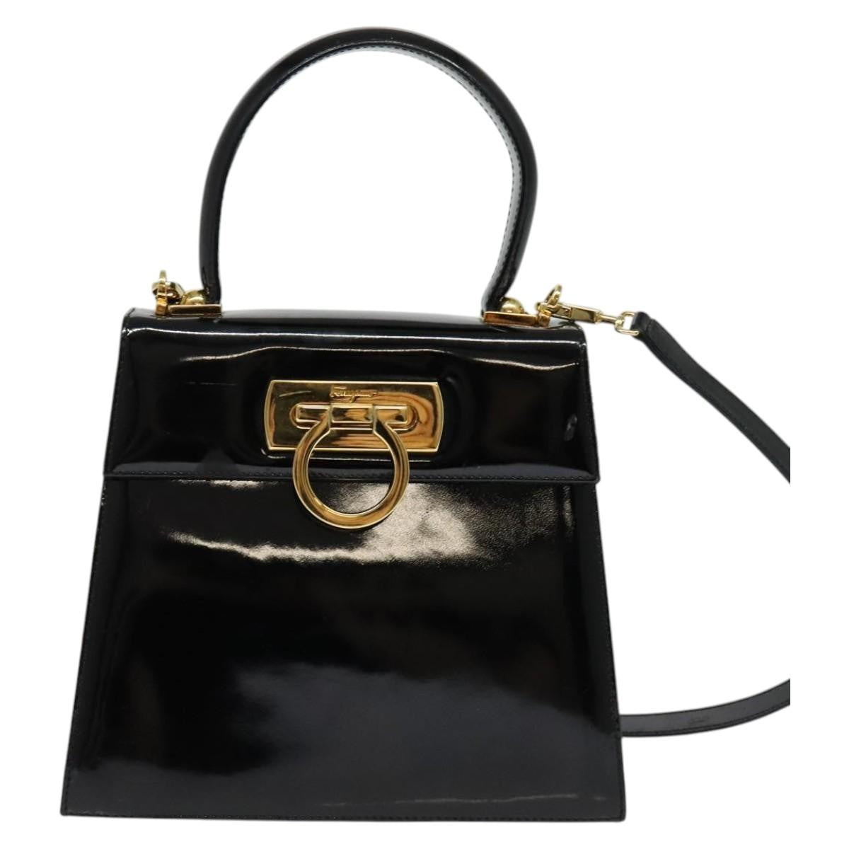 Salvatore Ferragamo Gancini Convertible Top Handle Patent Leather Black Patent_Leather Handbag (Pre-Owned)