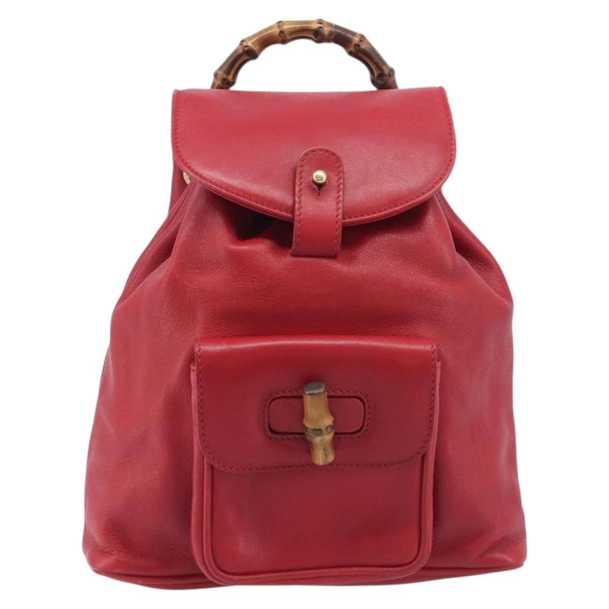 Gucci Vintage Bamboo Leather Red Leather Backpack Bag (Pre-Owned)