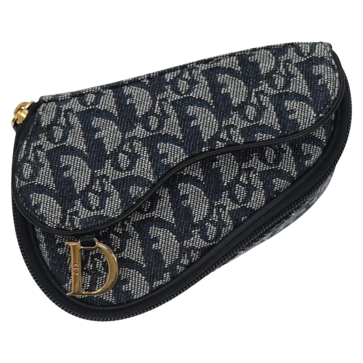 Christian Dior Vintage Saddle Coin Purse Diorissimo Canvas Navy Canvas Bag (Pre-Owned)