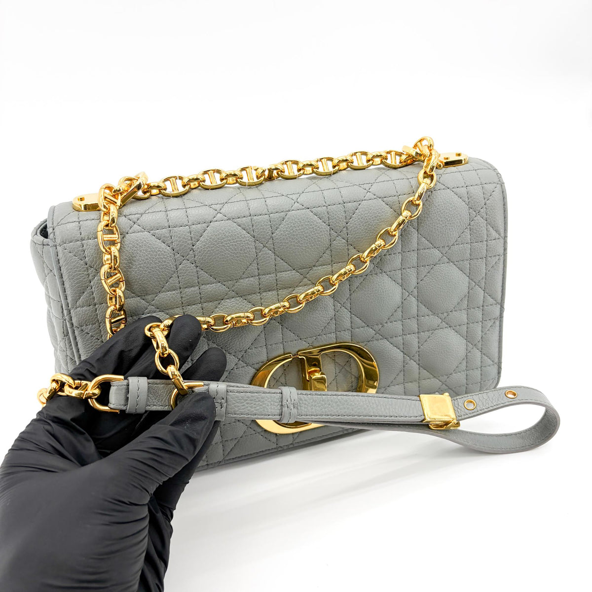 Christian Dior Caro Bag Lucky Star Studded Macrocannage Calfskin Gray Leather Handbag (Pre-Owned)