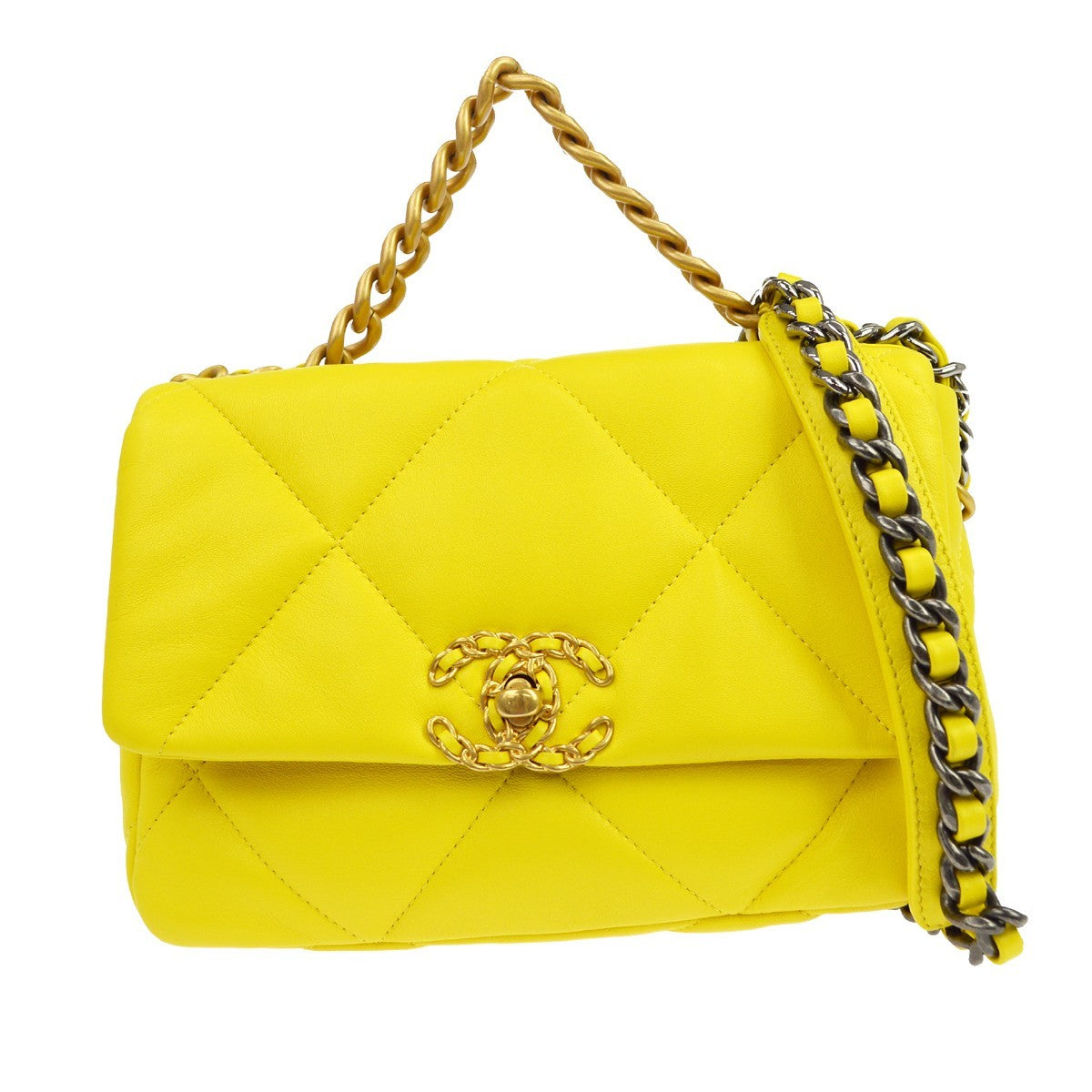 Chanel 19 Flap Bag Quilted Lambskin Yellow Leather Shoulder Bag Bag (Pre-Owned)