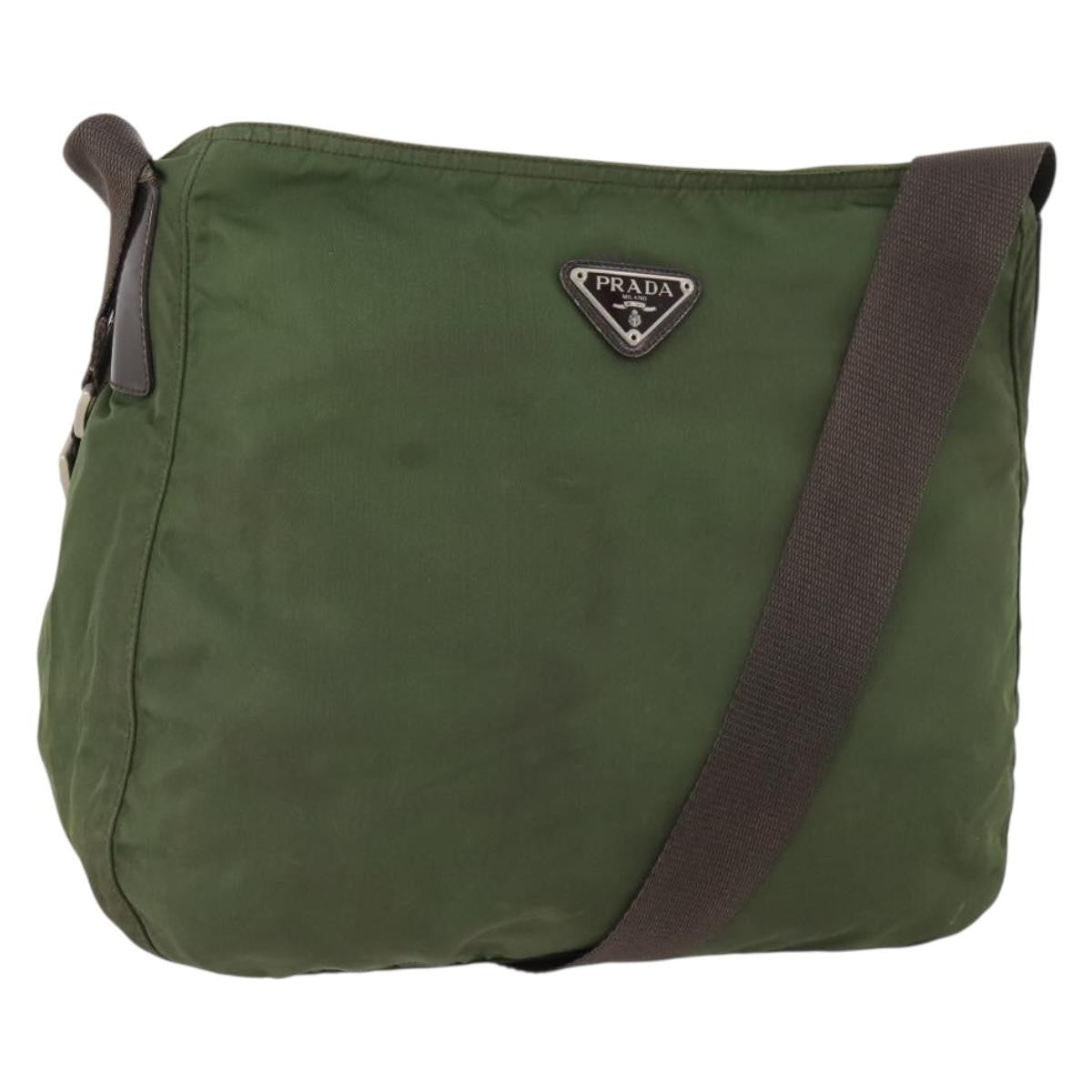 Prada Zip Top Messenger Tessuto Khaki Nylon Shoulder Bag Bag (Pre-Owned)