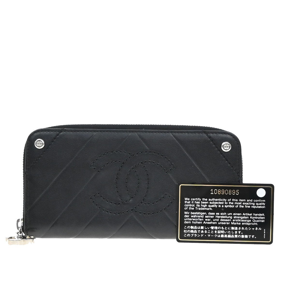 Chanel Cc Charm Zip Around Quilted Lambskin Black Leather Wallets Accessory (Pre-Owned)