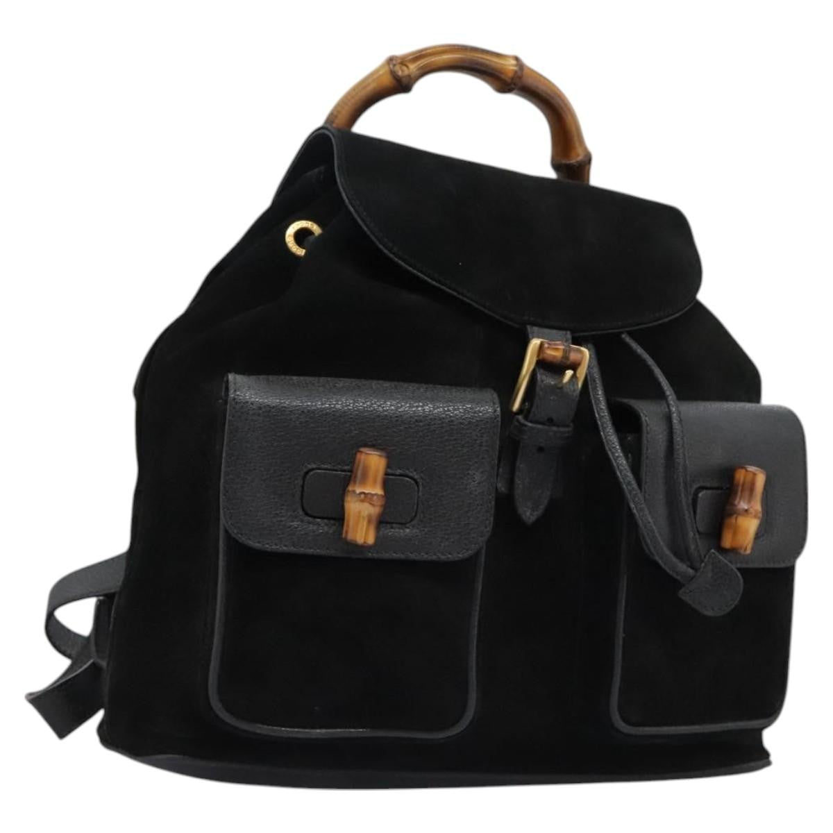Gucci Vintage Bamboo Suede And Leather Black Suede Backpack Bag (Pre-Owned)