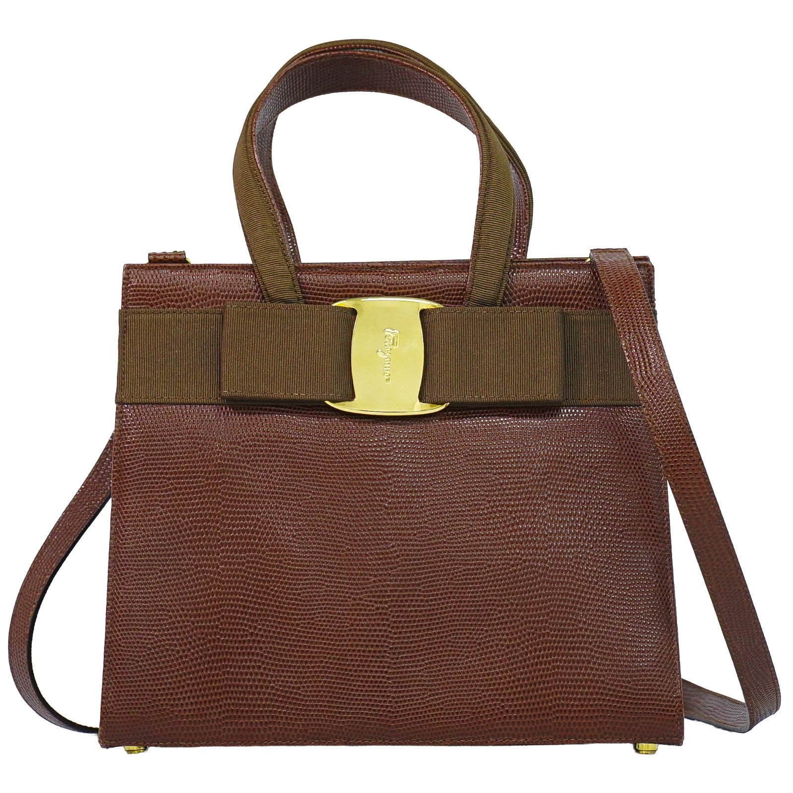 Salvatore Ferragamo Convertible Vara Bow Tote Leather Brown Leather Handbag (Pre-Owned)