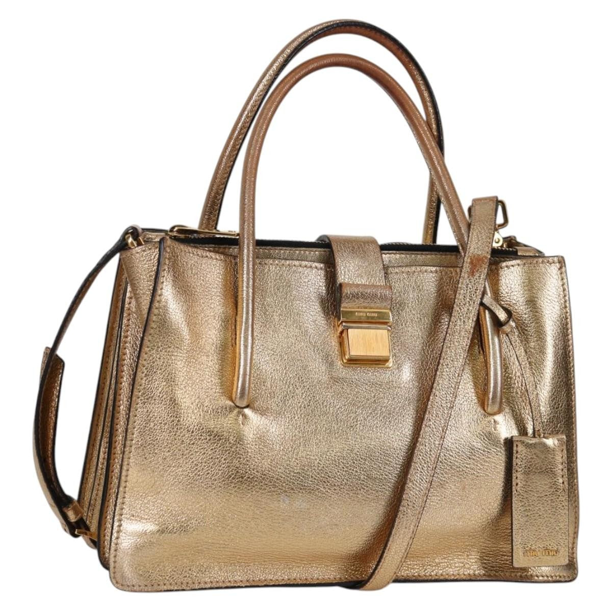 Miu Miu Madras Convertible Compartment Tote Leather Gold Leather Bag (Pre-Owned)