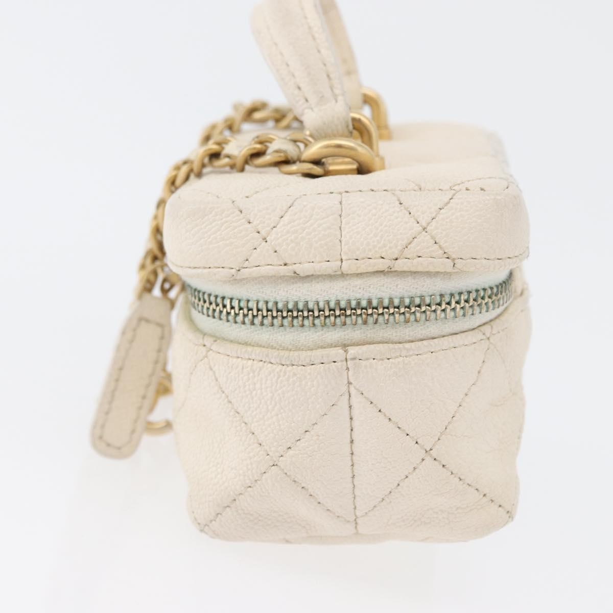 Chanel Top Handle Zip Around Vanity Case With Chain Quilted Caviar White Leather Handbag (Pre-Owned)